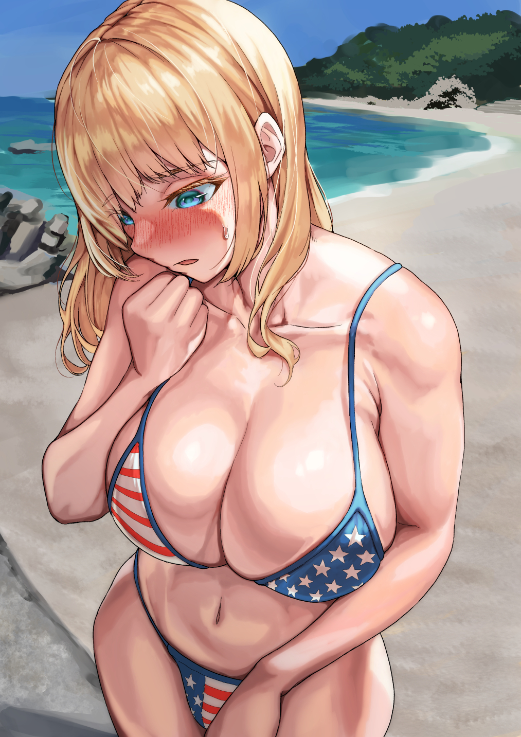 ginyanagi, original, highres, 1girl, american flag, american flag bikini, american flag print, bare arms, beach, bikini, blonde hair, blue eyes, blue sky, blush, breasts, cleavage, collarbone, day, embarrassed, flag print, flag print bikini, large breasts, navel, nose blush, ocean, open mouth, outdoors, print bikini, rock, sidelocks, sky, solo, standing, sweat, swimsuit