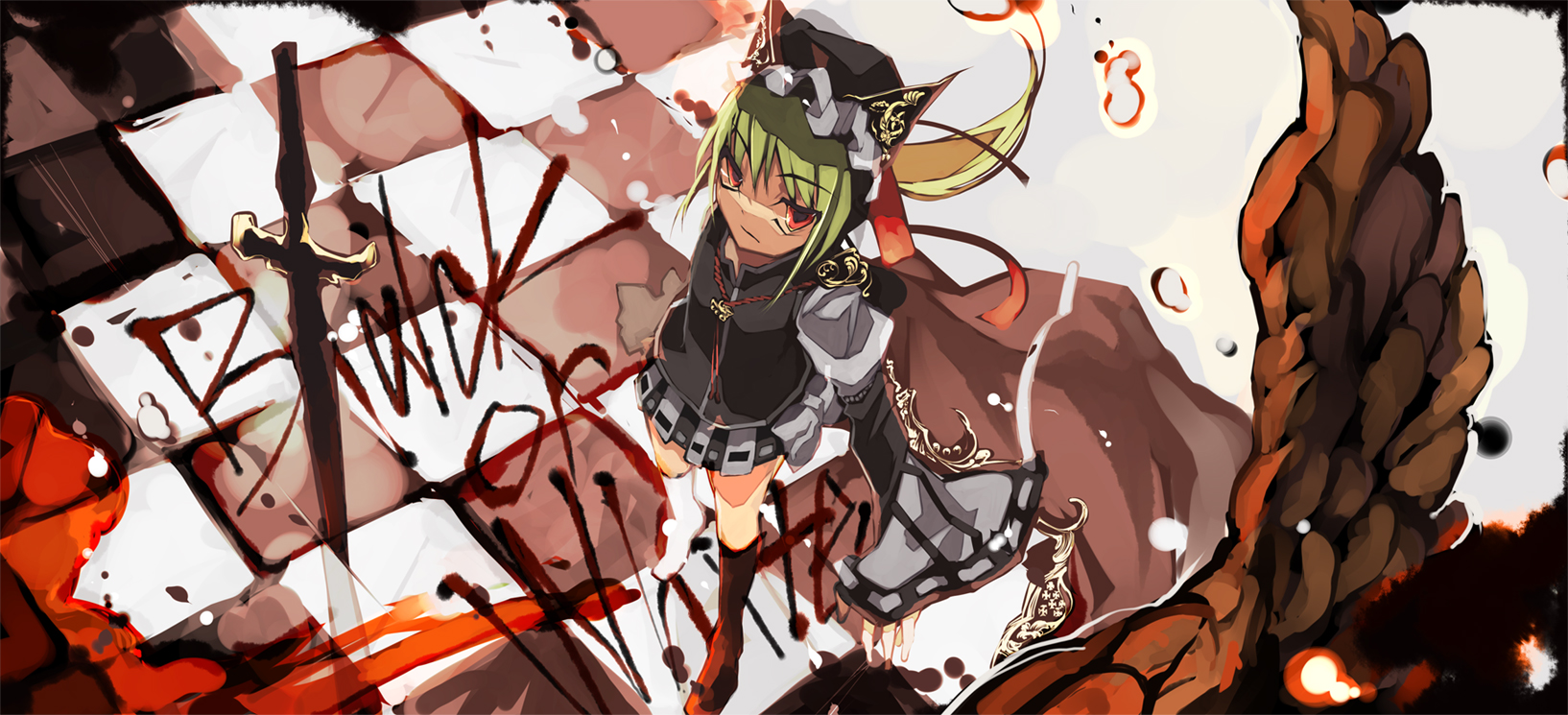 shimadoriru, shiki eiki, touhou, highres, 1girl, alternate costume, asymmetrical legwear, blood, female focus, from above, green hair, hat, mismatched legwear, pleated skirt, ponytail, red eyes, ribbon, skirt, socks, solo, sword, tiles, weapon, wide sleeves