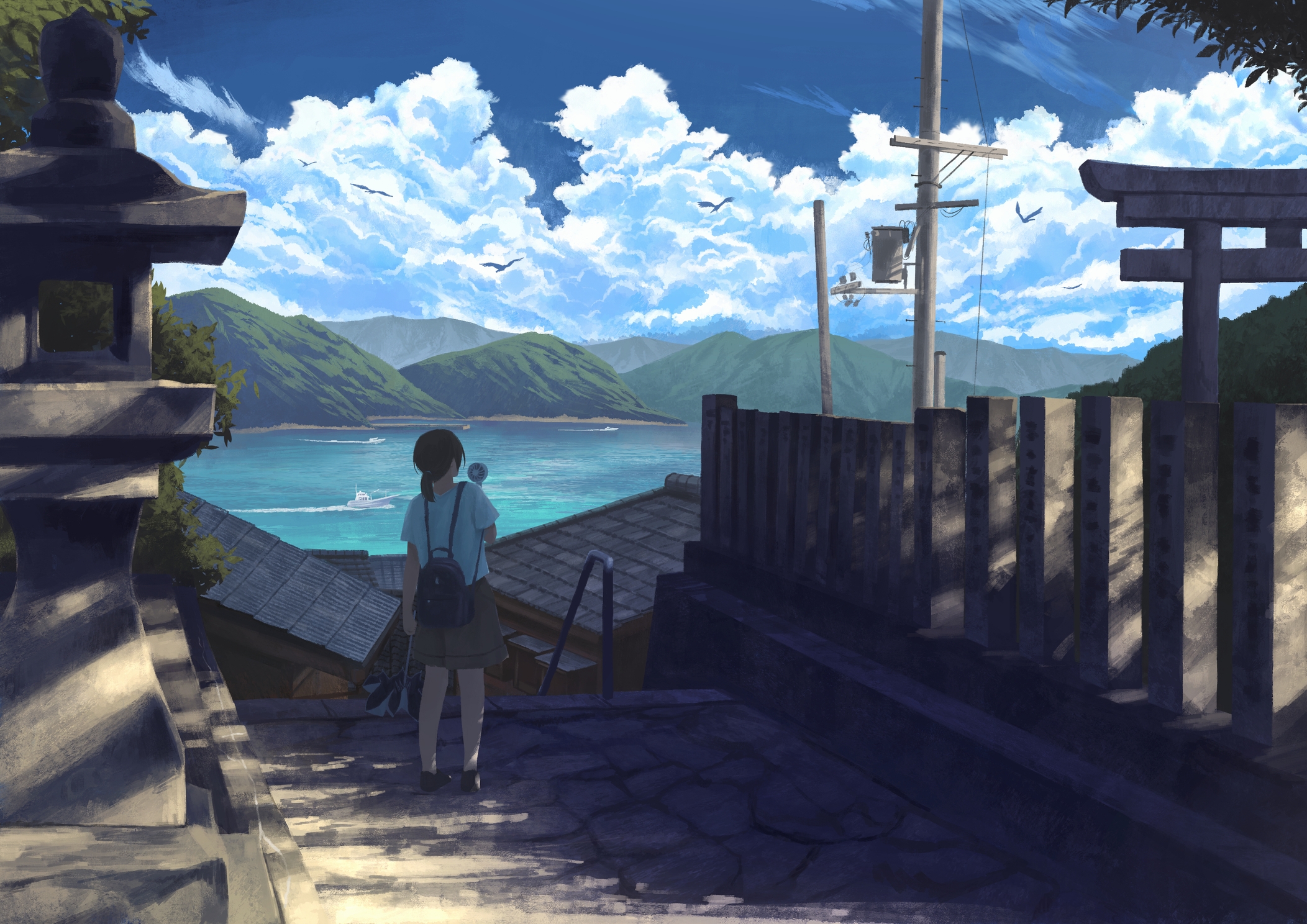 gensuke (ryun), original, commentary request, highres, 1girl, backpack, bag, bird, black hair, blue sky, building, cloud, cumulonimbus cloud, day, grey shorts, harbor, house, landscape, mountainous horizon, ocean, outdoors, ponytail, railing, rooftop, scenery, shirt, shorts, shrine, sky, solo, stairs, t-shirt, torii, white shirt