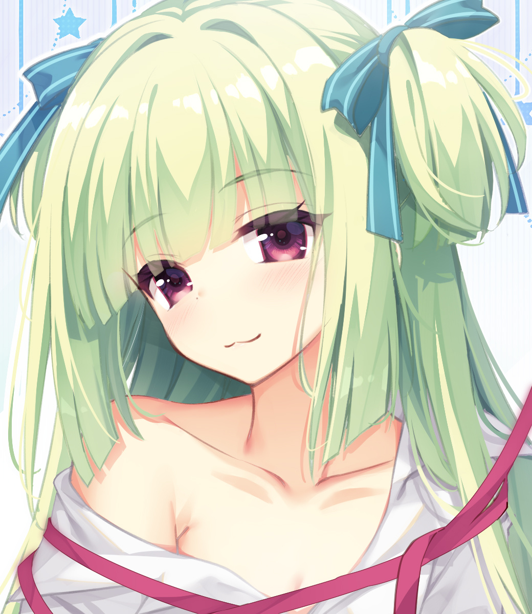 cariboy, murasame (senren), senren banka, commentary request, highres, 1girl, :3, blue bow, blunt bangs, blunt ends, bow, breasts, cleavage, closed mouth, collarbone, collared shirt, dress shirt, eyelashes, eyes visible through hair, green hair, grey background, hair bow, hair intakes, hair over shoulder, hime cut, long hair, looking at viewer, off shoulder, red eyes, shirt, single bare shoulder, small breasts, smile, solo, split mouth, star (symbol), straight hair, striped bow, two side up, upper body, white shirt