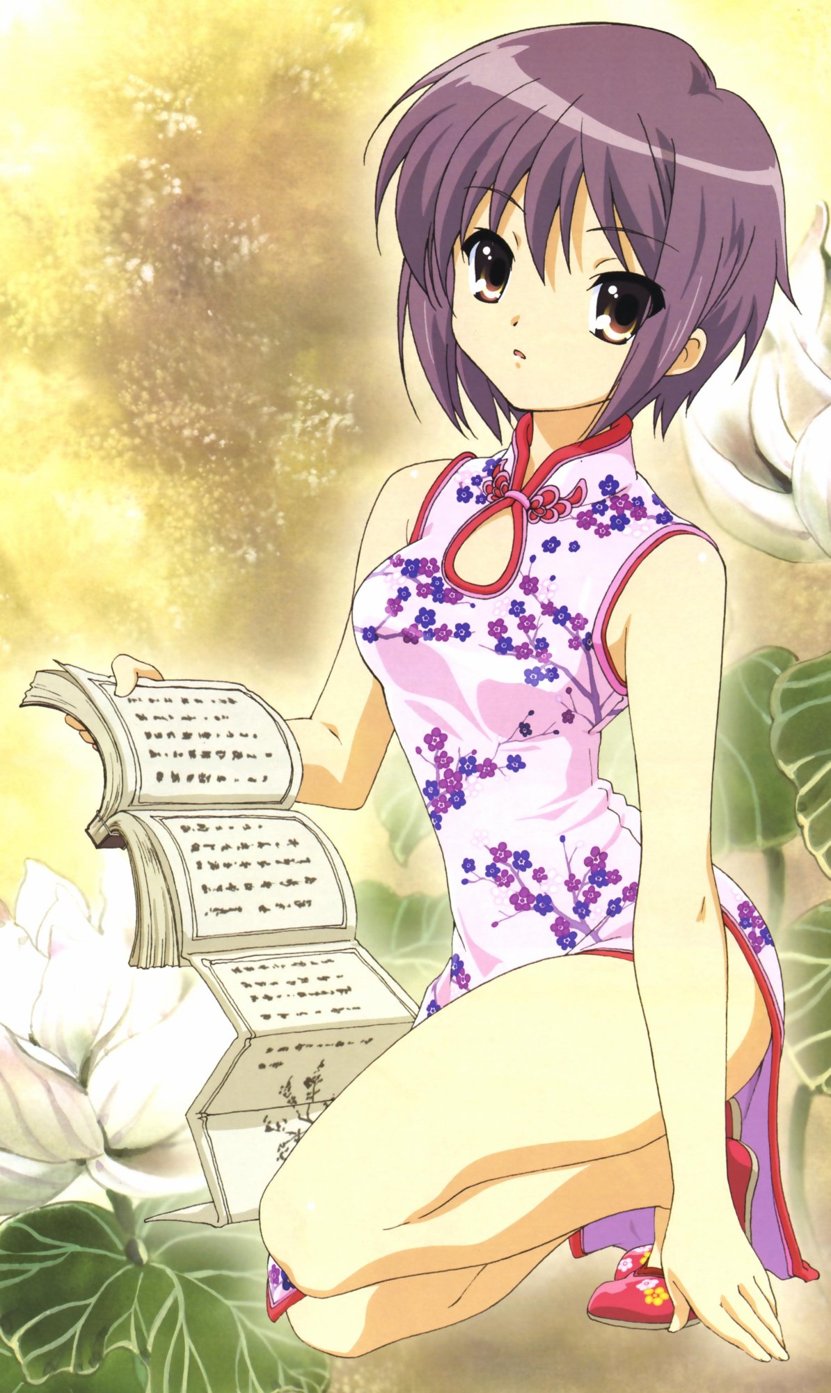 ikeda shouko, nagato yuki, suzumiya haruhi no yuuutsu, highres, official art, 00s, 1girl, bare shoulders, brown eyes, china dress, chinese clothes, dress, female focus, purple hair, solo