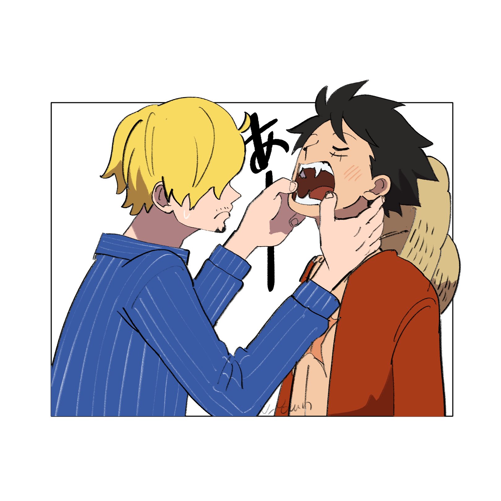u uown, monkey d. luffy, sanji (one piece), one piece, commentary request, highres, 2boys, arms up, black hair, blonde hair, blue shirt, blush, closed eyes, closed mouth, facial hair, facial scar, fangs, fingernails, frown, goatee, hair over one eye, hand on another's face, hat, long sleeves, male focus, multiple boys, open clothes, open mouth, open shirt, pinstripe pattern, pinstripe shirt, red shirt, scar, scar on cheek, scar on chest, scar on face, shirt, straw hat, teeth, tongue, unworn headwear, white background