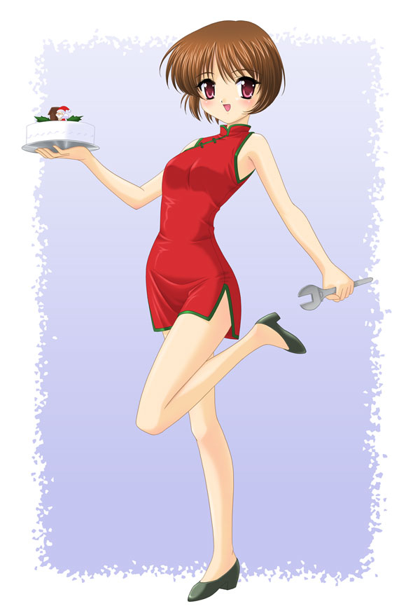 masakichi (crossroad), rinrin (sister princess), sister princess, 00s, bare shoulders, blush, brown hair, cake, china dress, chinese clothes, christmas, dress, food, pastry, red eyes, santa costume, smile, solo, tray, wrench