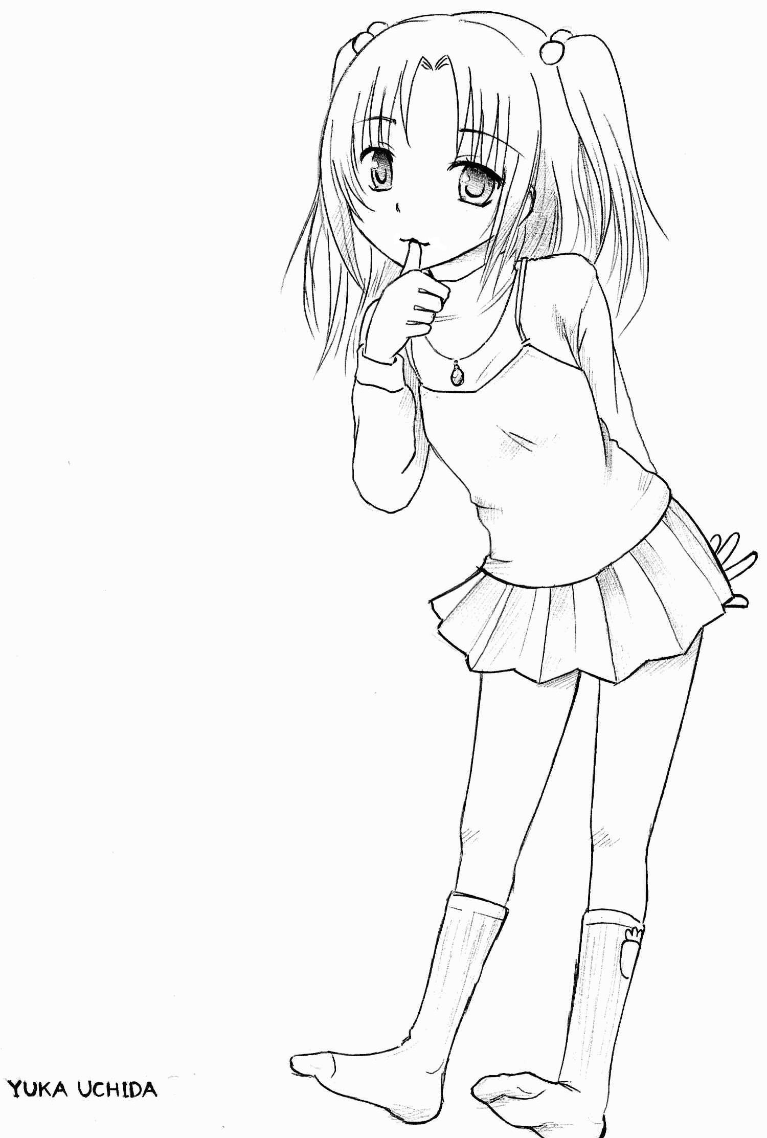 uchida yuka, minami-ke, highres, 00s, greyscale, monochrome, sketch, skirt, socks, solo, twintails