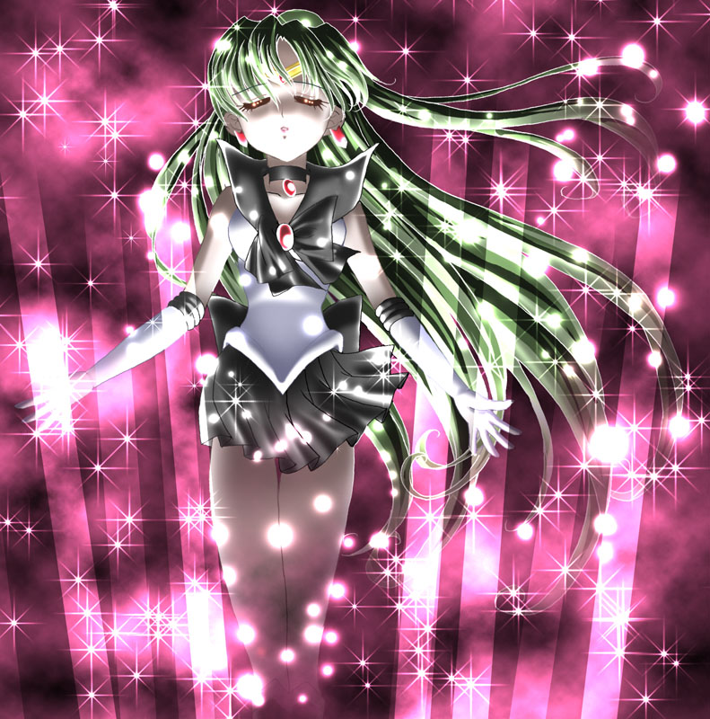 yukinyan, meiou setsuna, sailor pluto, bishoujo senshi sailor moon, black neckwear, light, 1990s (style), 1girl, black bow, bow, choker, closed eyes, earrings, elbow gloves, female focus, gloves, green hair, hair bun, jewelry, long hair, magical girl, pleated skirt, purple background, retro artstyle, ribbon, sailor collar, single hair bun, skirt, solo, sparkle, sparks, tiara, white gloves