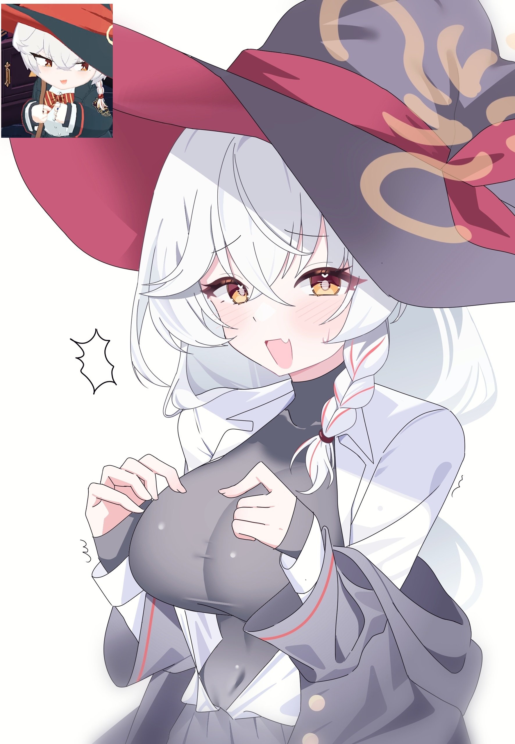 poko050498, eri (blue archive), blue archive, absurdres, highres, 1girl, black shirt, breasts, covered navel, grey jacket, grey skirt, halo, jacket, large breasts, looking at viewer, shirt, simple background, skirt, solo, white background, white hair, white shirt, yellow eyes, yellow halo