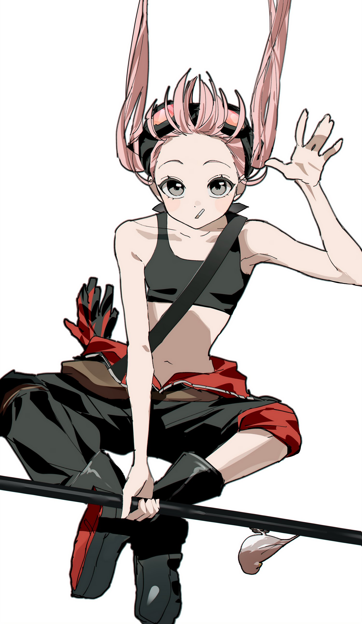 zoomhong, original, absurdres, highres, 1girl, arm up, asymmetrical legwear, bag, bare arms, bird, black-framed eyewear, black boots, black pants, black sports bra, boots, brown bag, cigarette, falling, floating hair, full body, gloves, goggles, goggles on head, grey eyes, holding, holding pole, knees apart feet together, looking at viewer, navel, open hand, pants, pink-tinted eyewear, pink hair, pole, rubber gloves, shoulder bag, simple background, solo, sports bra, stomach, straight-on, tinted eyewear, twintails, uneven legwear, unlit cigarette in mouth, unworn gloves, white background
