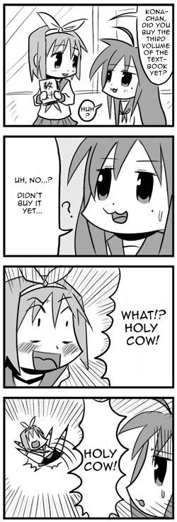 bkub, hiiragi tsukasa, izumi konata, lucky star, hard-translated, third-party edit, translated, 00s, 4koma, comic, dondake, greyscale, monochrome