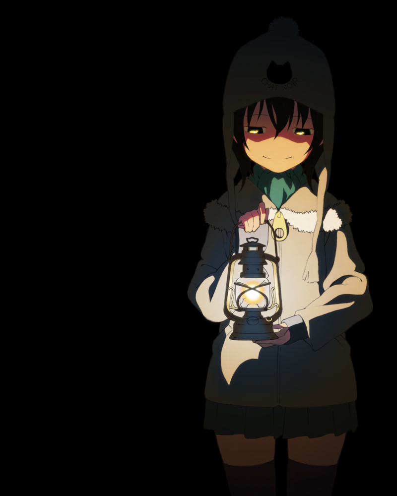 shiwasu takashi, original, 1girl, black hair, coat, dark, female focus, fur coat, fur trim, hat, hood, hoodie, lantern, scarf, short hair, skirt, smile, solo, thighhighs, zettai ryouiki