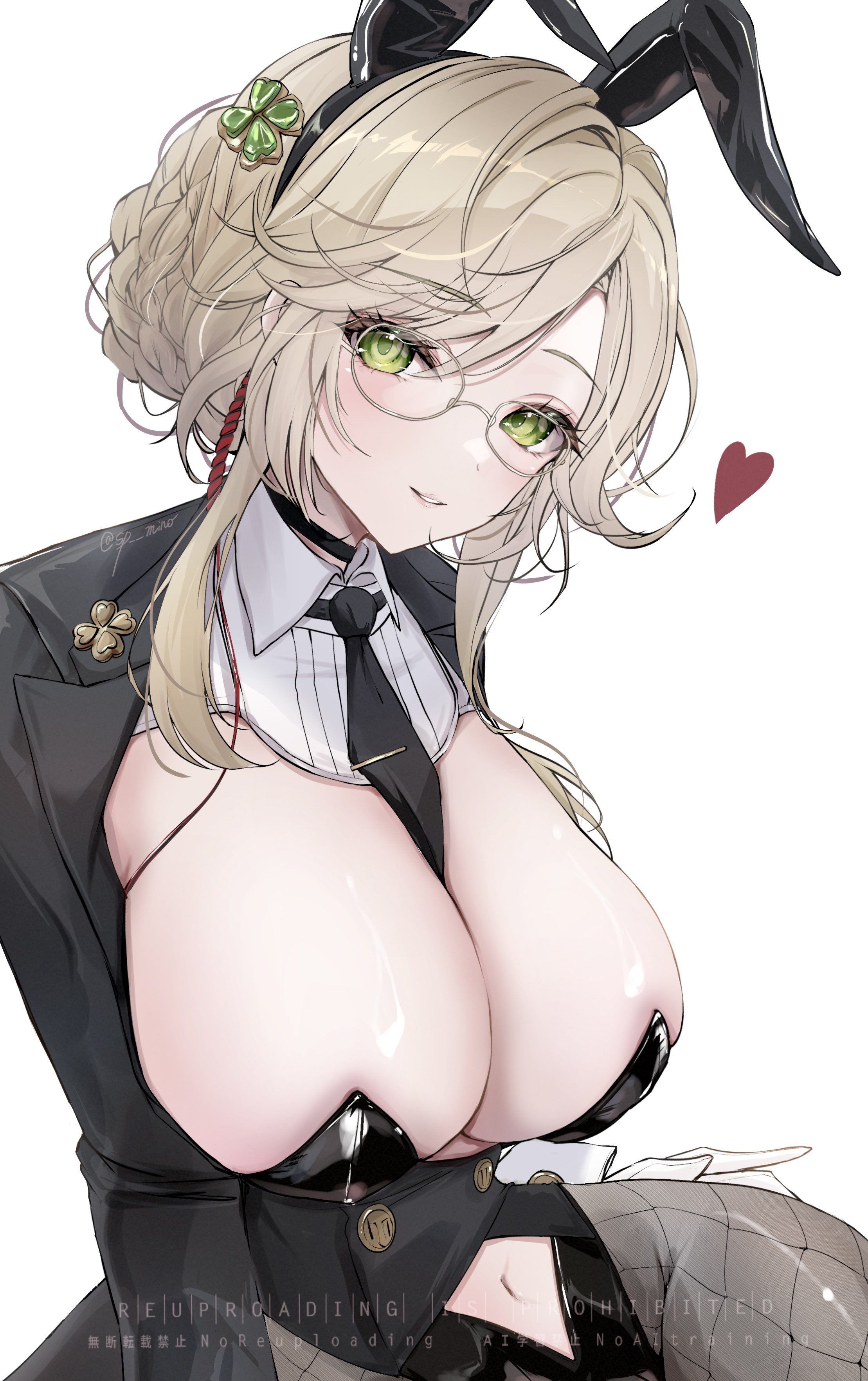 mino (mii mt), ade (nikke), goddess of victory: nikke, absurdres, highres, 1girl, ade (agent bunny) (nikke), animal ears, between breasts, black choker, black leotard, black necktie, blonde hair, breasts, bun with braided base, choker, clothing cutout, fake animal ears, fishnet pantyhose, fishnets, glasses, gloves, green eyes, hair bun, hair ornament, heart, large breasts, leotard, navel, navel cutout, necktie, necktie between breasts, official alternate costume, pantyhose, parted lips, playboy bunny, rabbit ears, shirt, simple background, solo, undersized breast cup, white background, white gloves