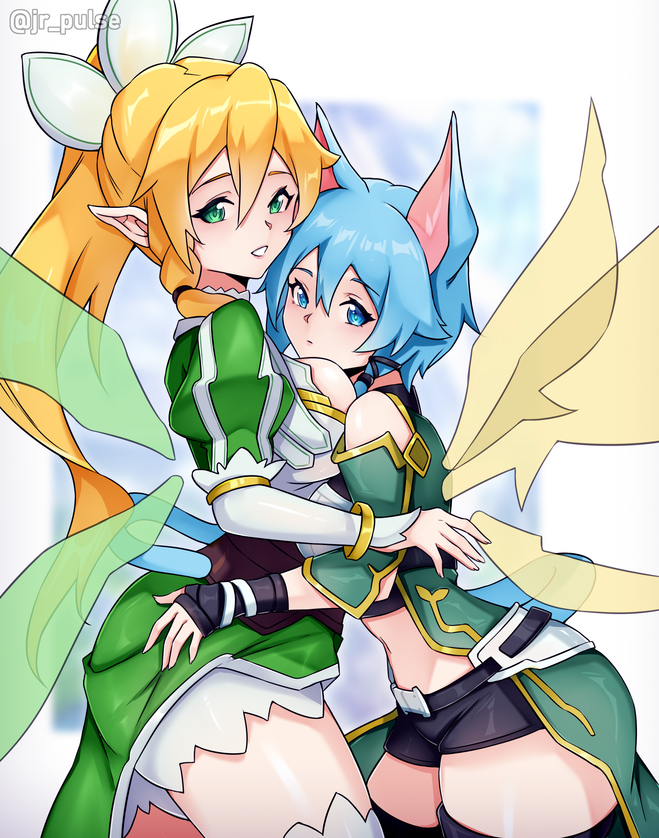 jrpulse, leafa (sao), sinon, sinon (sao-alo), sword art online, absurdres, commentary, commentary request, english commentary, highres, mixed-language commentary, paid reward available, 2girls, :d, animal ears, artist name, bare shoulders, belt, black belt, black gloves, black shorts, black thighhighs, blonde hair, blue eyes, blue hair, breasts, brown corset, cat ears, cat girl, cat tail, closed mouth, collared dress, corset, double-parted bangs, dress, eyelashes, fingerless gloves, gloves, gold trim, gold wrist cuffs, green dress, green eyes, green wings, hair between eyes, hand on another's hip, high collar, high ponytail, hug, large breasts, light frown, long hair, long sleeves, looking at viewer, medium breasts, medium hair, multiple girls, navel, open mouth, pointy ears, ponytail, short shorts, shorts, signature, smile, stomach, tail, thick thighs, thighhighs, thighs, transparent wings, twitter username, two-tone dress, white dress, white shorts, white thighhighs, wings, yellow wings, zettai ryouiki