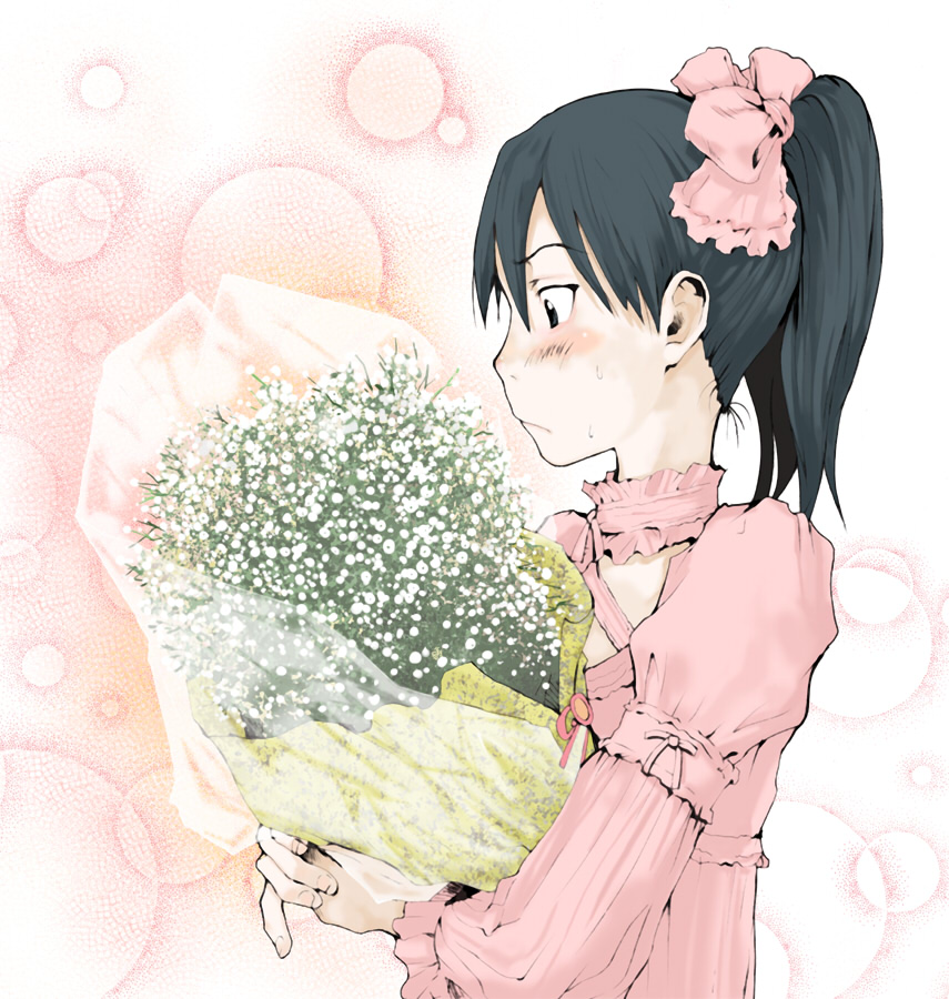 tamaoki benkyou, amasawa yuuko, dennou coil, bad id, bad pixiv id, 00s, 1girl, baby's-breath, black hair, blush, bouquet, choker, dress, female focus, flower, frills, from side, hair ribbon, pale skin, pink dress, pink ribbon, ponytail, ribbon, solo