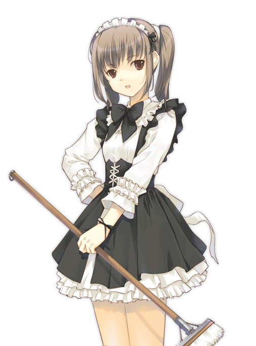 dasoku sentarou, original, broom, brown eyes, brown hair, cowboy shot, hand on own hip, maid, simple background, solo, twintails, white background