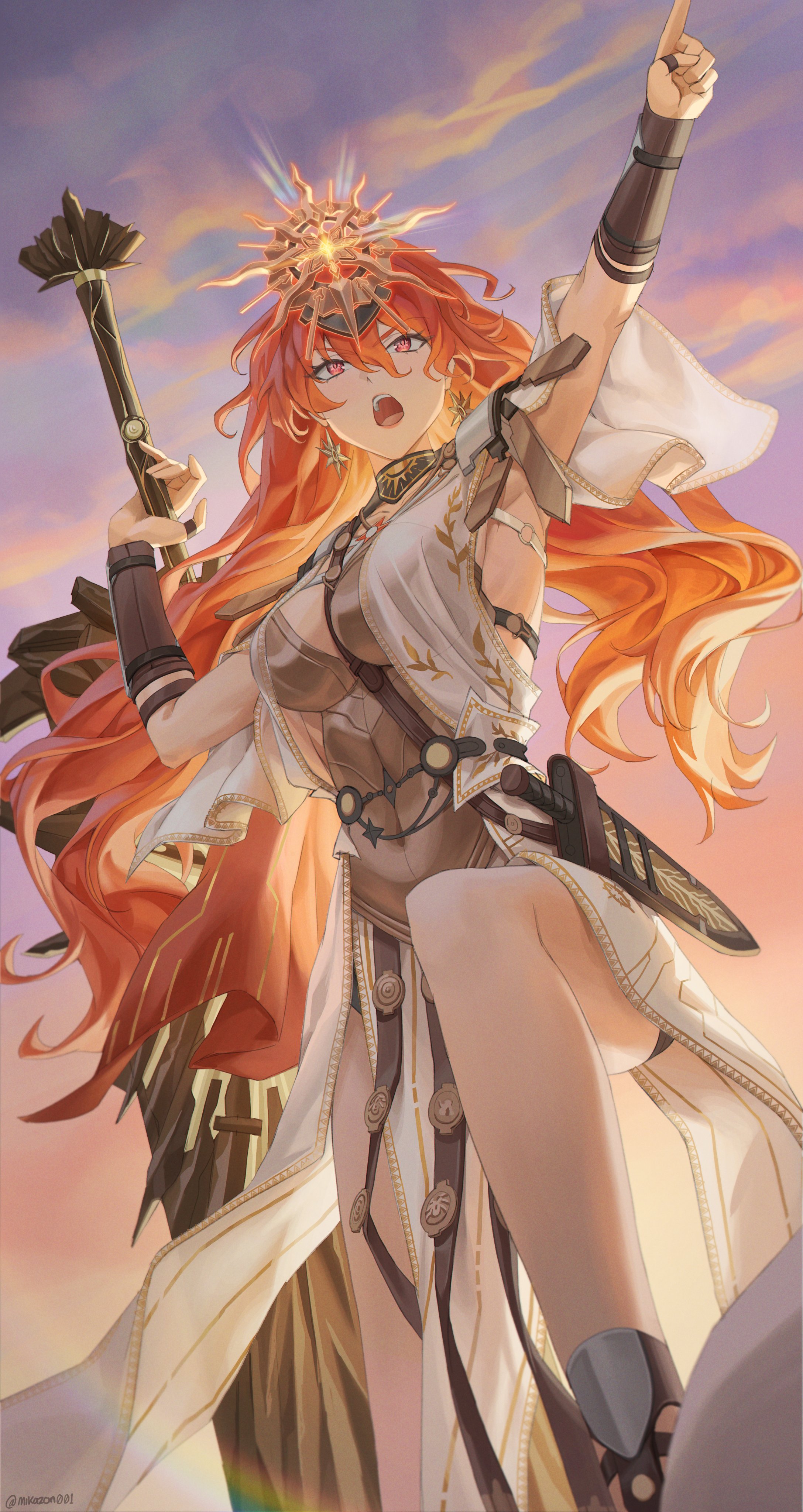 mikazon, augusta (wuthering waves), wuthering waves, absurdres, commentary, english commentary, highres, 1girl, arm armor, armor, bare legs, black collar, breastplate, breasts, collar, dress, earrings, greatsword, hair between eyes, headgear, holding, holding sword, holding weapon, jewelry, legs, long hair, medium breasts, open mouth, orange eyes, orange hair, outdoors, pointing, pointing forward, sheath, solo, sun earrings, sword, thighs, twitter username, weapon, white dress