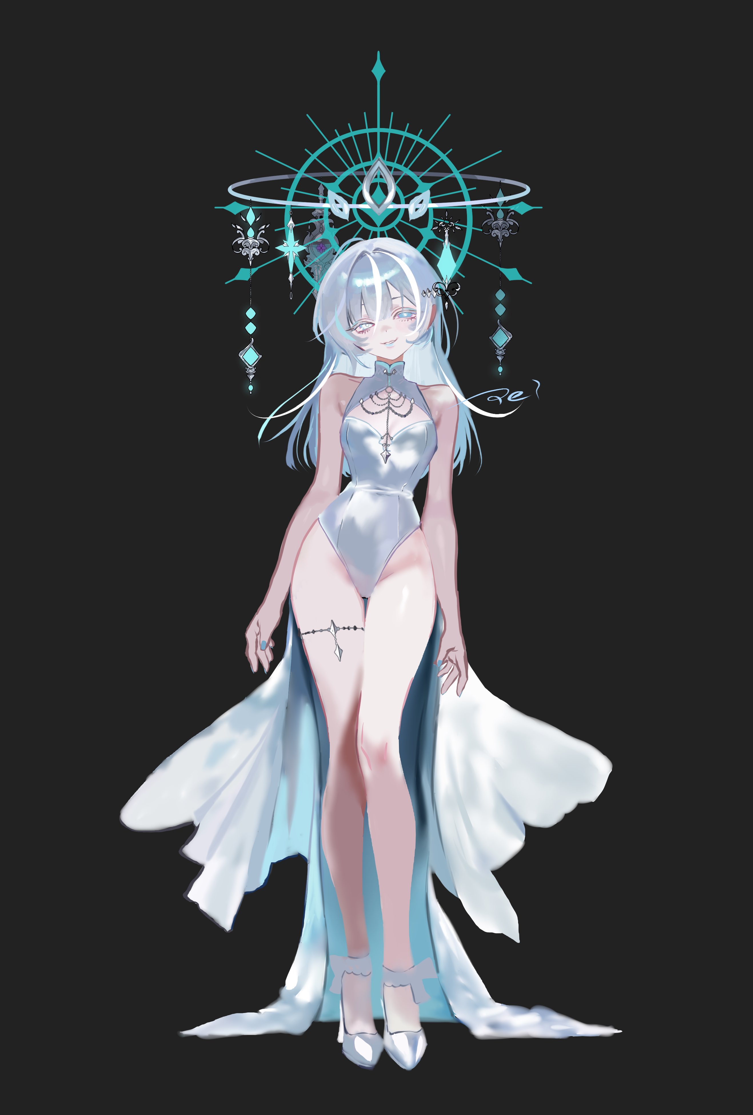 original, absurdres, commentary request, commission, highres, skeb commission, 1girl, black background, breasts, dress, full body, grey eyes, grey nails, halo, heterochromia, high heels, leotard, long hair, medium breasts, multicolored hair, shoes, simple background, solo, star (symbol), tei( te i 328), thigh strap, white dress, white hair, white leotard, white shoes