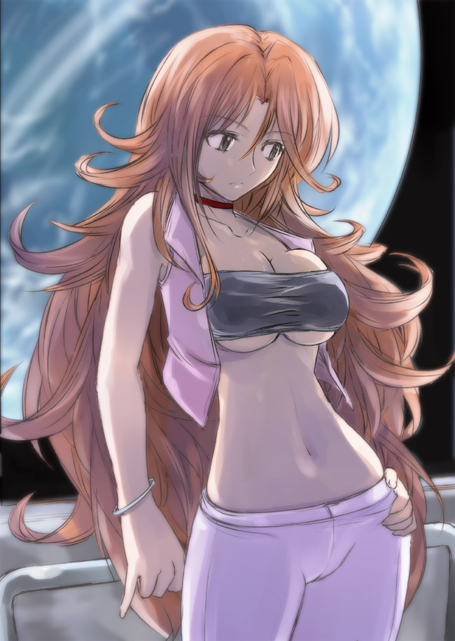 umiushi, sumeragi lee noriega, gundam, gundam 00, 00s, 1girl, bandeau, breasts, choker, earth (planet), female focus, large breasts, long hair, navel, open clothes, open shirt, pants, pink pants, pink vest, planet, shirt, skinny, slender, solo, space, strapless, tube top, very long hair, vest