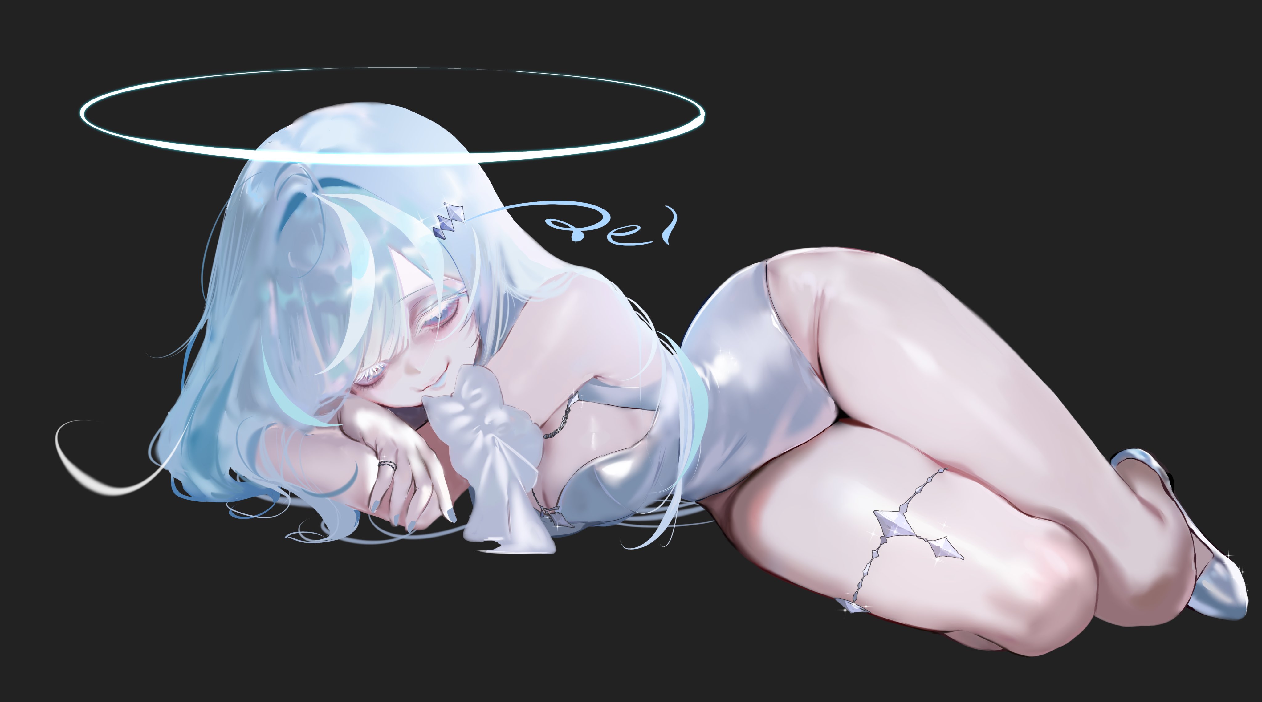original, absurdres, commentary request, commission, highres, skeb commission, 1girl, armband, black background, breasts, closed mouth, full body, grey eyes, grey nails, halo, jewelry, leotard, long hair, lying, medium breasts, on side, ring, shoes, simple background, solo, tei( te i 328), thigh strap, white hair, white leotard, white shoes