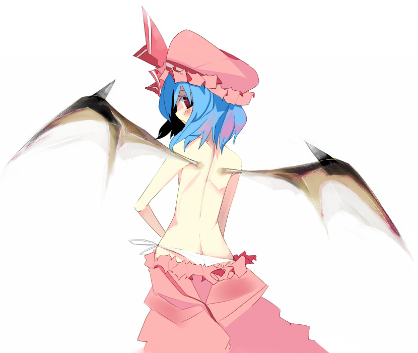 kanikama, remilia scarlet, touhou, 1girl, back, blue hair, female focus, hat, loli, panties, pink hat, side-tie panties, simple background, solo, topless female, underwear, white background, white panties, wings