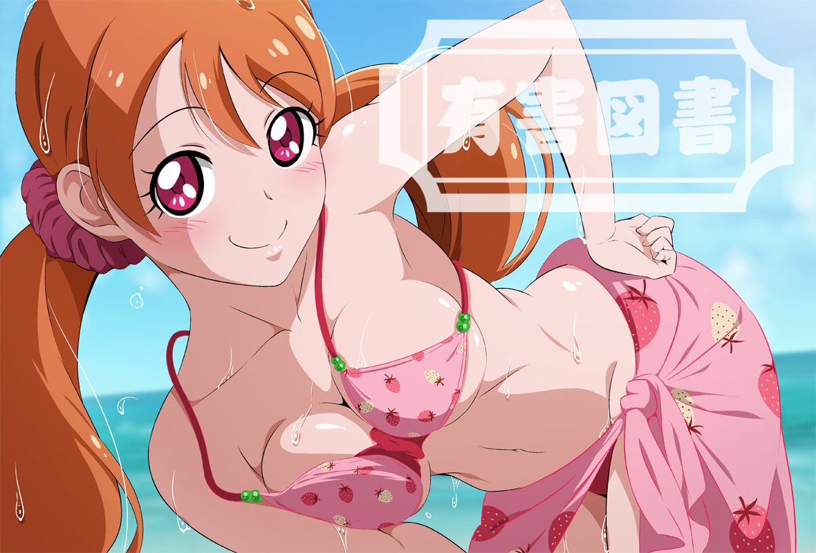 fuchi (nightmare), usami ichika, kirakira precure a la mode, precure, 1girl, bikini, blue sky, breasts, brown hair, cleavage, collarbone, day, food print, fruit print, large breasts, long hair, looking at viewer, navel, ocean, outdoors, pink bikini, pink eyes, pink sarong, print sarong, sarong, sky, smile, solo, stomach, strawberry print, swimsuit, twintails, watermark