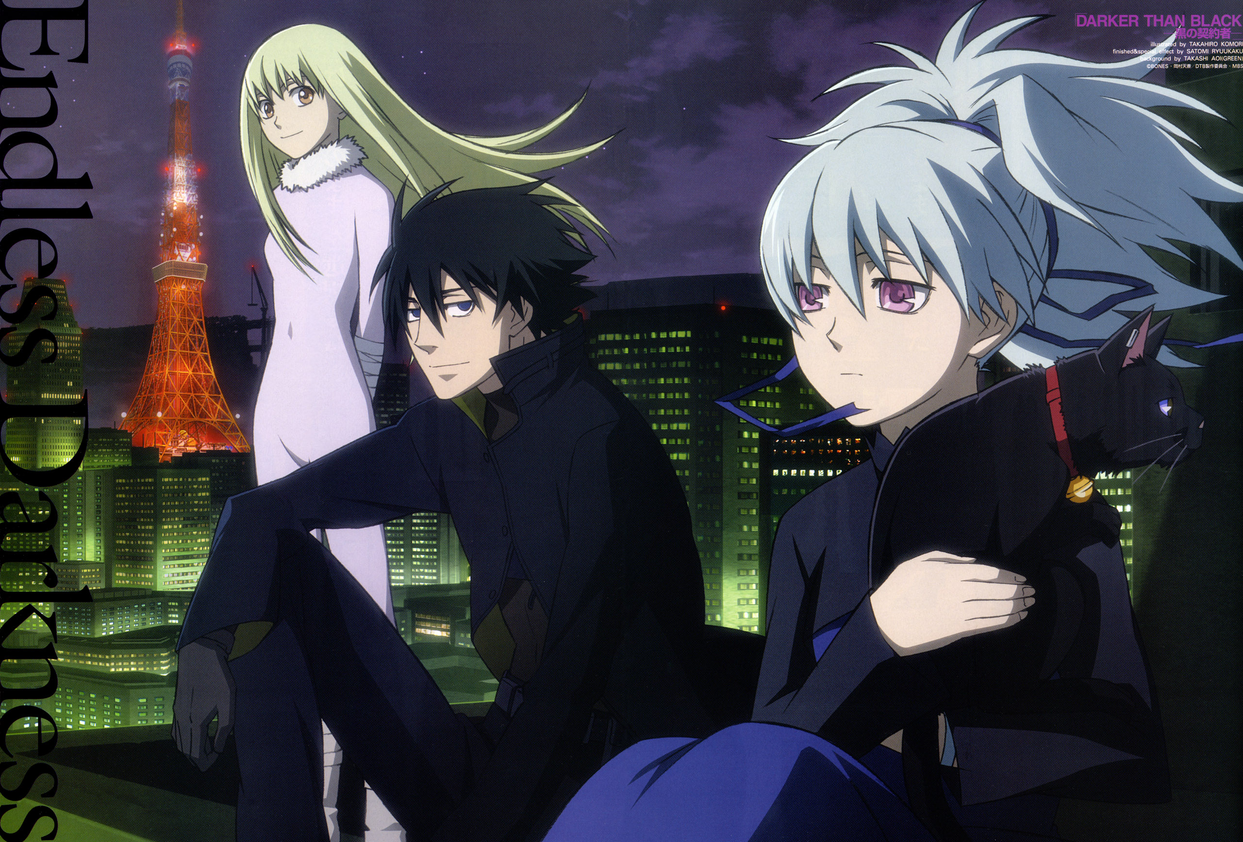 komori takahiro, amber (darker than black), hei (darker than black), mao (darker than black), yin (darker than black), darker than black, newtype, highres, official art, scan, 00s, 1boy, 2girls, black cat, cat, multiple girls, tokyo tower