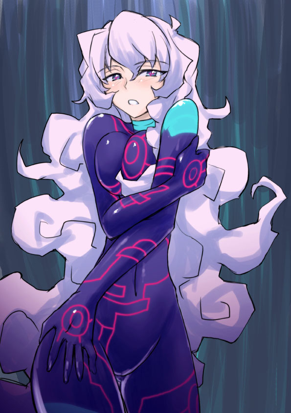 umiushi, antispiral nia, nia teppelin, tengen toppa gurren lagann, + +, 00s, 1girl, blue eyes, bodysuit, breasts, breasts squeezed together, cleavage, female focus, groin, large breasts, long hair, neon trim, pink hair, skin tight, solo, symbol-shaped pupils, teeth, very long hair, white hair