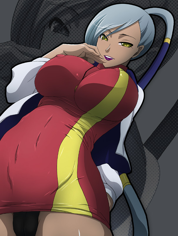 yuasa makoto, villetta nu, code geass, silver hair, 00s, 1girl, breasts, dark-skinned female, dark skin, female focus, huge breasts, long hair, sleeves pushed up, solo, yellow eyes