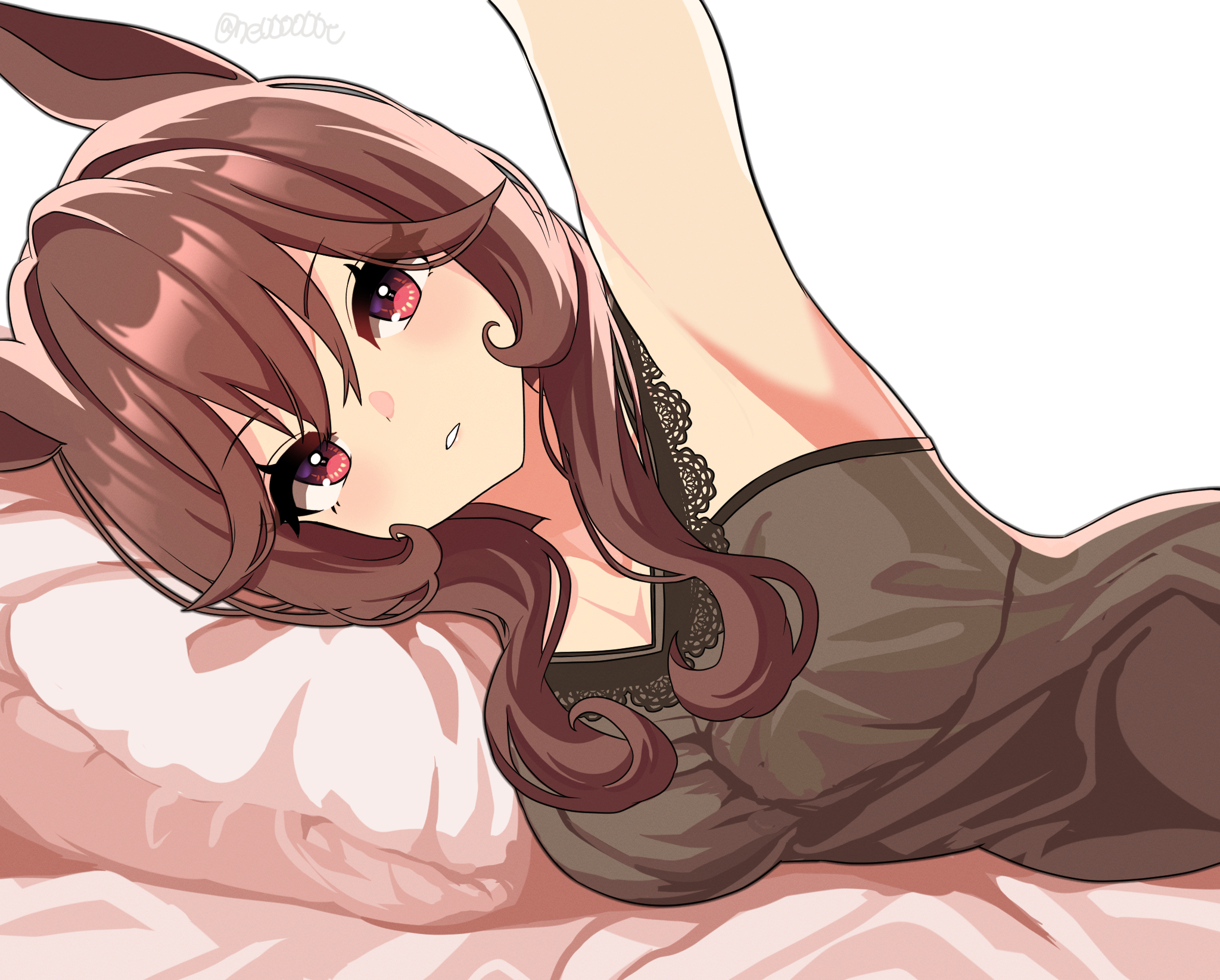 ne000000t, gentildonna (umamusume), umamusume, commentary, highres, 1girl, animal ears, arm up, breasts, brown hair, horse ears, horse girl, large breasts, lingerie, looking at viewer, lying, negligee, on bed, on side, pillow, red eyes, underwear