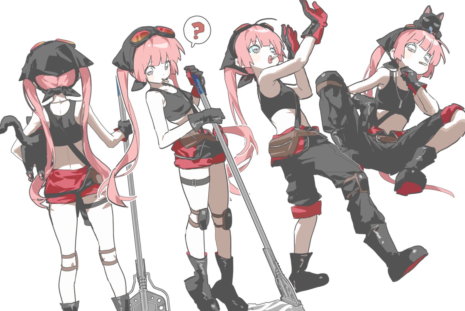 zoomhong, original, highres, 1girl, ?, animal, animal on head, asymmetrical legwear, belt, black-framed eyewear, black boots, black cat, black hat, black pants, black tank top, blunt bangs, boots, breasts, brown bag, brown belt, carrying, carrying under arm, cat, cigarette, colored skin, crop top, fanny pack, gloves, grey eyes, hat, holding, holding mop, jewelry, long hair, midriff, mop, multiple views, necklace, on head, pants, pendant, pink hair, red-tinted eyewear, rubber gloves, simple background, small breasts, spoken question mark, tank top, tinted eyewear, twintails, uneven legwear, unlit cigarette in mouth, very long hair, waist bag, white background, white skin