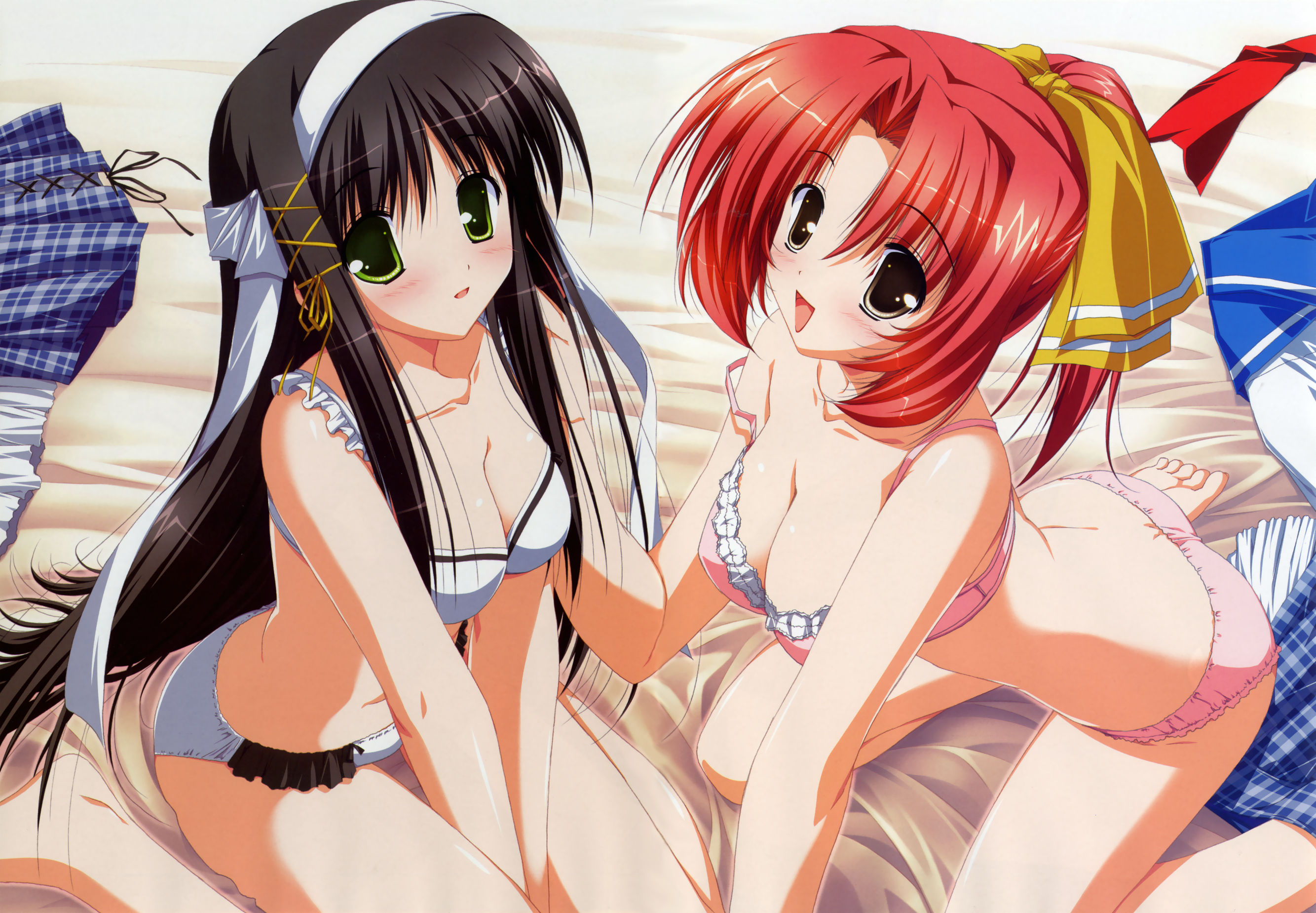 sakaki maki, hitotsuse suzuna, yagisawa mio, zansho omimai moushiagemasu, zansho omimai moushiagemasu., highres, 2girls, barefoot, black hair, blush, bra, breasts, brown eyes, cleavage, green eyes, hairband, hitotsuse suzunasakaki maki, kneeling, lingerie, long hair, multiple girls, panties, ponytail, red hair, strap slip, underwear, underwear only