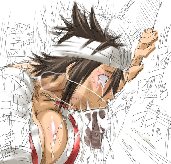 murata (acid-head), shiba kuukaku, bleach, 00s, 1girl, :>=, amputee, bandages, black hair, breasts, censored, cleavage, cum, cum in mouth, cum in nose, cum in throat, dark-skinned male, dark skin, deepthroat, ejaculation, fellatio, forced, hand on another's head, head grab, huge breasts, irrumatio, oral, penis, short hair, solo focus, surprised, tears, testicles, wide-eyed