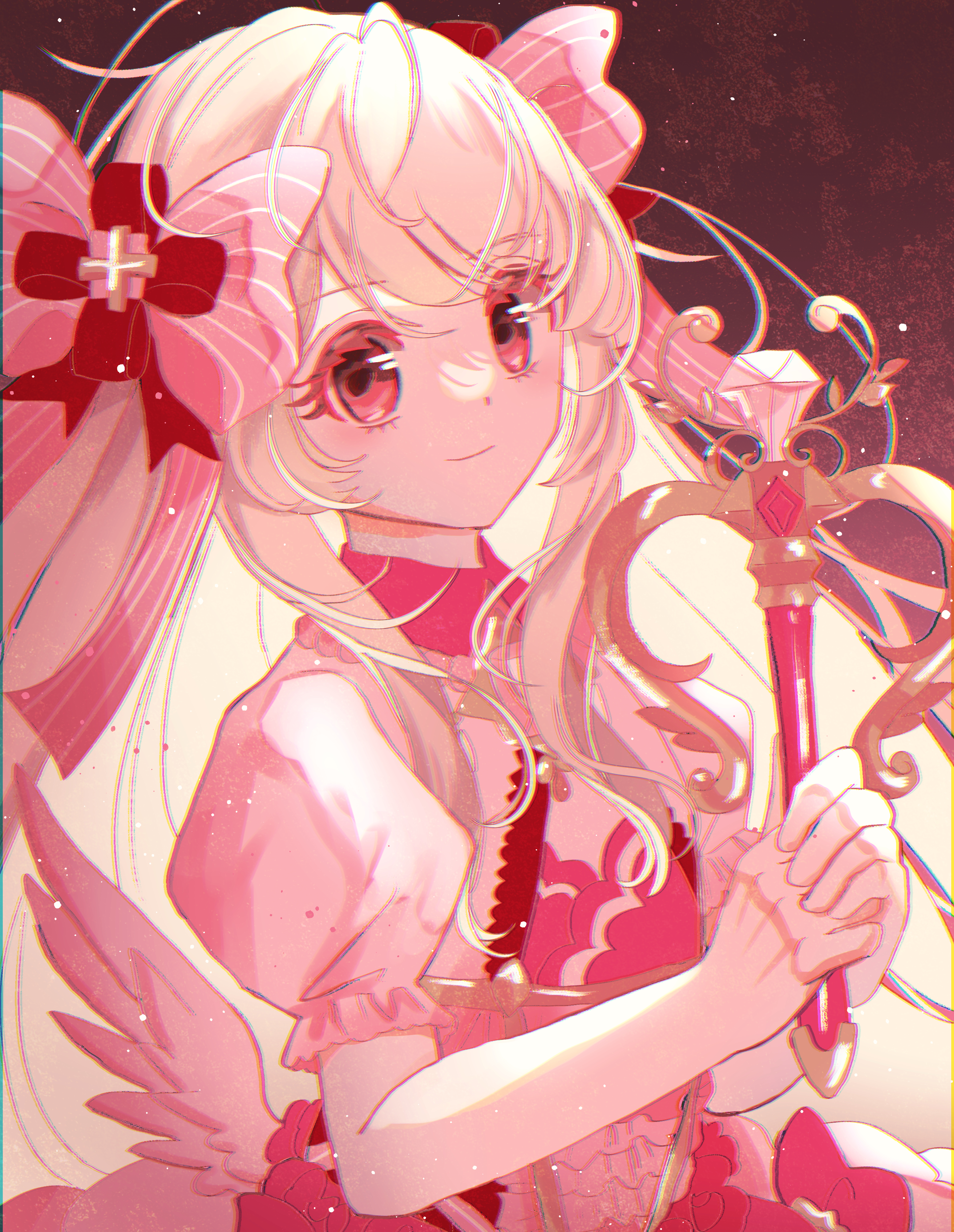 fukkatsu no maya, chaos marie (grimms notes), grimms notes, bad id, bad pixiv id, 1girl, blonde hair, holding, holding wand, smile, solo, wand