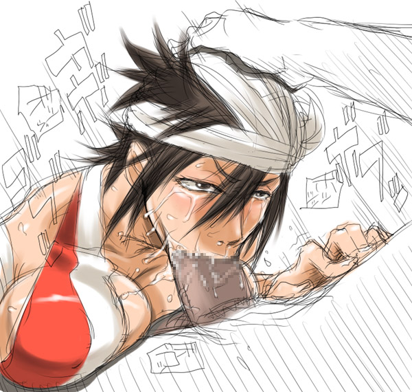 murata (acid-head), shiba kuukaku, bleach, 00s, 1girl, :>=, angry, bandages, black hair, breast press, breasts, censored, cleavage, deepthroat, fellatio, hand on another's head, huge breasts, irrumatio, oral, penis, saliva, short hair, solo focus, tears
