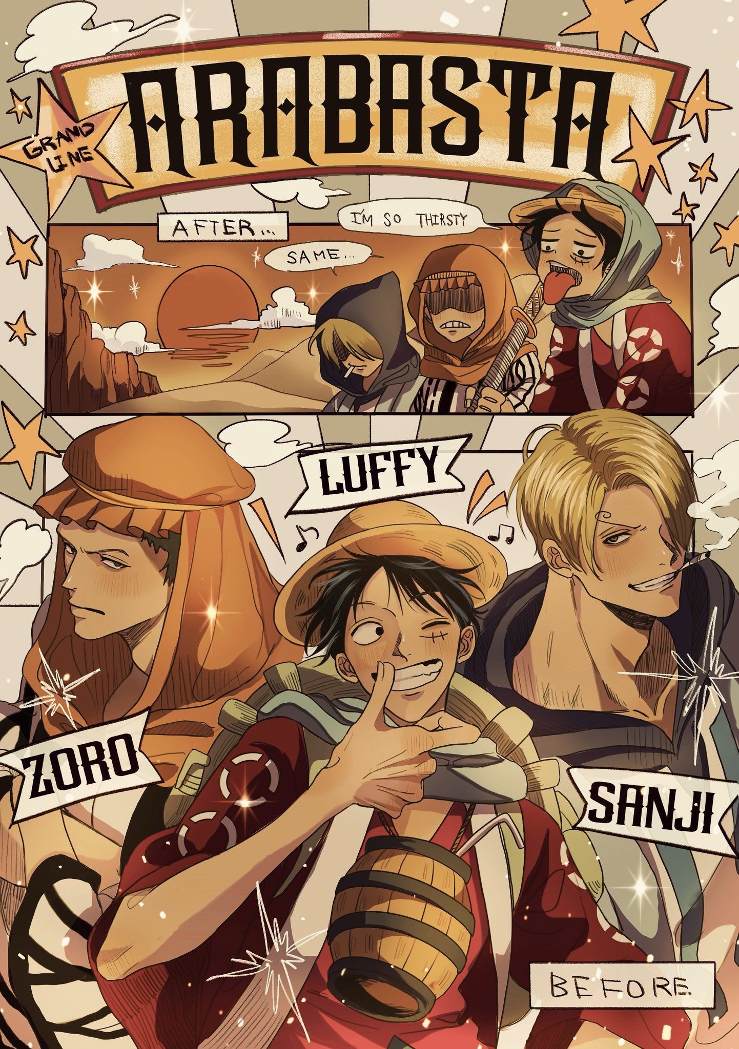 rihirihi613, monkey d. luffy, roronoa zoro, sanji (one piece), one piece, commentary request, highres, 3boys, blonde hair, cigarette, curly eyebrows, green hair, hair over one eye, hat, holding, holding sword, holding weapon, male focus, multiple boys, musical note, scar, scar on face, scarf, smile, smoke, speech bubble, straw hat, sunset, sword, weapon