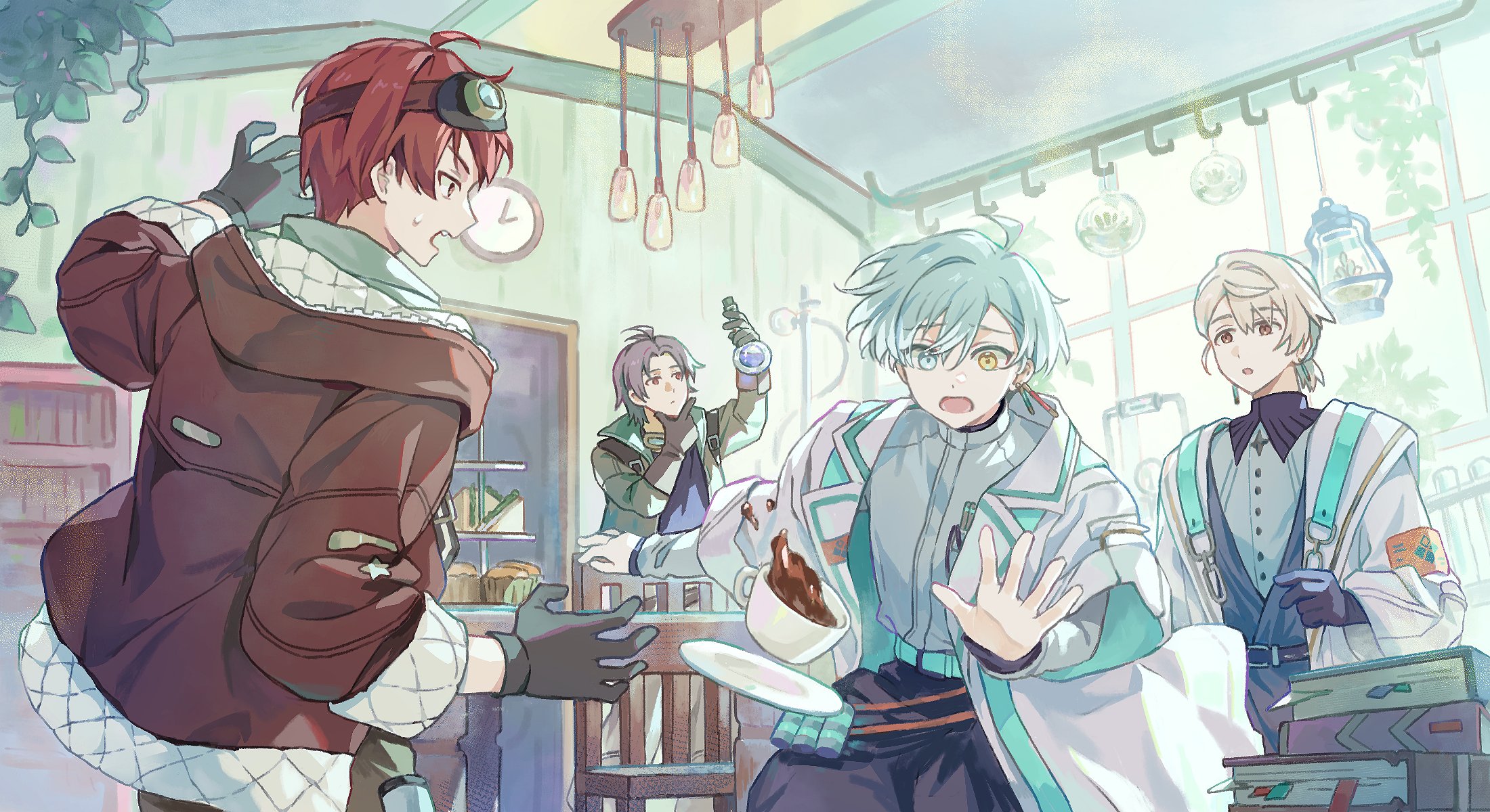inumaru toma, isumi haruka, mido torao, natsume minami, idolish7, zool, highres, 4boys, :o, ahoge, aqua hair, bell-bottoms, belt, belted coat, blush, book, book stack, bookshelf, brown hair, brown jacket, ceiling, ceiling light, chair, clock, closed mouth, coat, coffee, coffee mug, collared shirt, colored tips, cup, d:, drink, earrings, eyewear on head, fluorescent lamp, food, from below, gloves, goggles, goggles on head, grey eyes, hair between eyes, hanging plant, heterochromia, holding, holding potion, holding vial, hood, hooded jacket, indoors, jacket, jewelry, lab coat, lantern, lapels, layered sleeves, long sleeves, loose belt, low ponytail, lower body, medium hair, mug, multicolored hair, multiple boys, multiple earrings, official alternate costume, official alternate hairstyle, open clothes, open jacket, open mouth, outstretched hand, padded jacket, pants, parted bangs, parted lips, plant, plate, ponytail, potion, potted plant, red eyes, red hair, shirt, short over long sleeves, short sleeves, sunlight, sweat, table, tassel, tassel earrings, test tube, turtleneck, vial, white shirt, window, wings, wooden table, worried, yellow eyes