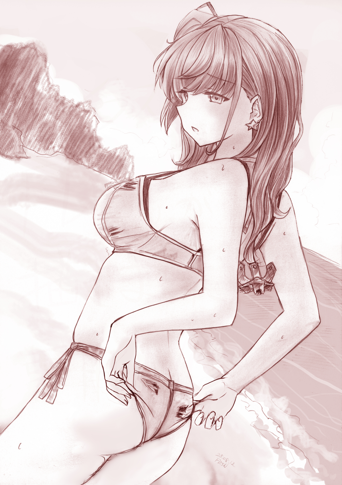 fd (fd sanmaru), atlanta (kancolle), atlanta (swimsuit) (kancolle), kantai collection, commentary request, graphite (medium), highres, traditional media, 1girl, adjusting clothes, adjusting swimsuit, anchor hair ornament, ass, bikini, breasts, cowboy shot, earrings, grey bikini, hair ornament, jewelry, layered bikini, long hair, looking to the side, monochrome, open mouth, side-tie bikini bottom, solo, star (symbol), star earrings, swimsuit