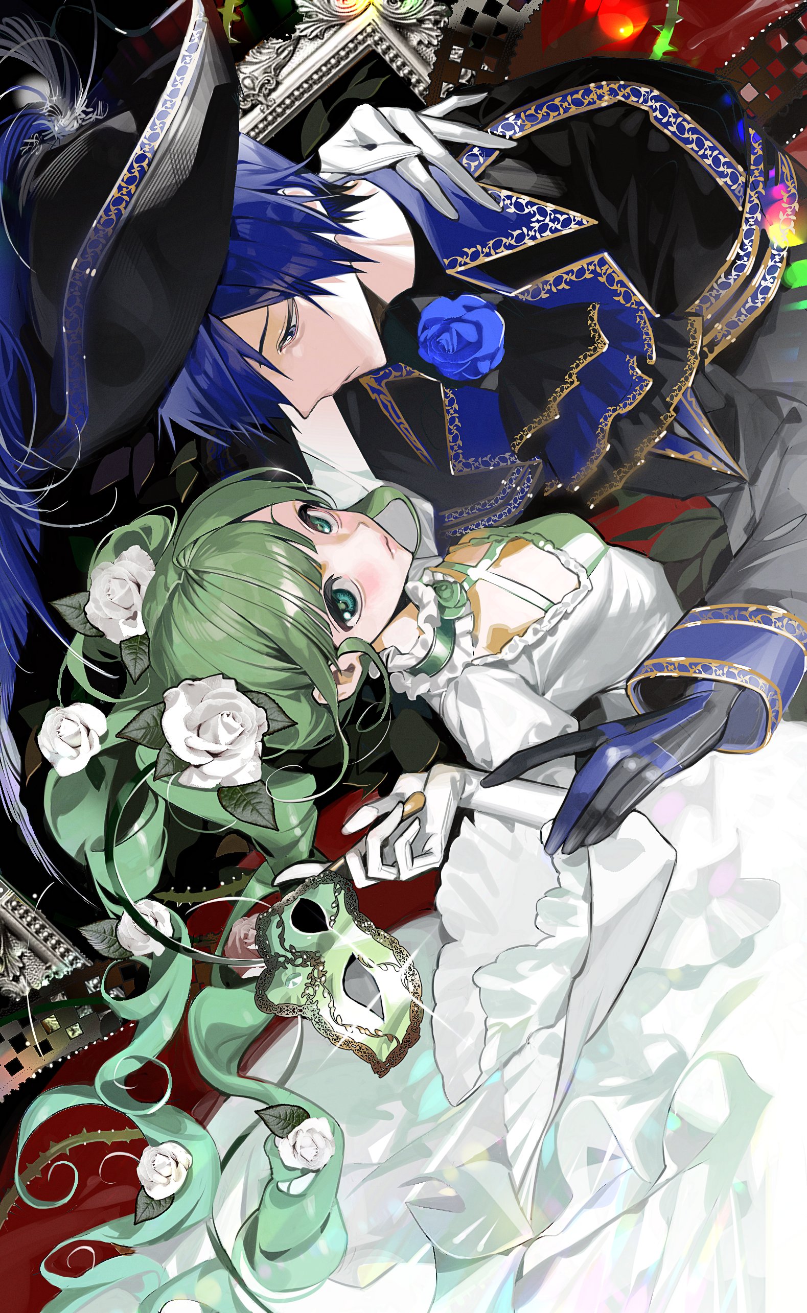 2pineapplepizza, hatsune miku, kaito (vocaloid), cantarella (vocaloid), vocaloid, absurdres, highres, 1boy, 1girl, ascot, blue eyes, blue flower, blue gloves, blue hair, blue rose, breasts, capelet, cleavage, dress, feathers, flower, frilled sleeves, frills, gloves, green eyes, green hair, hair flower, hair ornament, hat, hat feather, hetero, holding, jewelry, long hair, long sleeves, looking at viewer, lying, mask, on back, rose, short hair, twintails, white dress, white flower, white gloves, white rose, wide sleeves