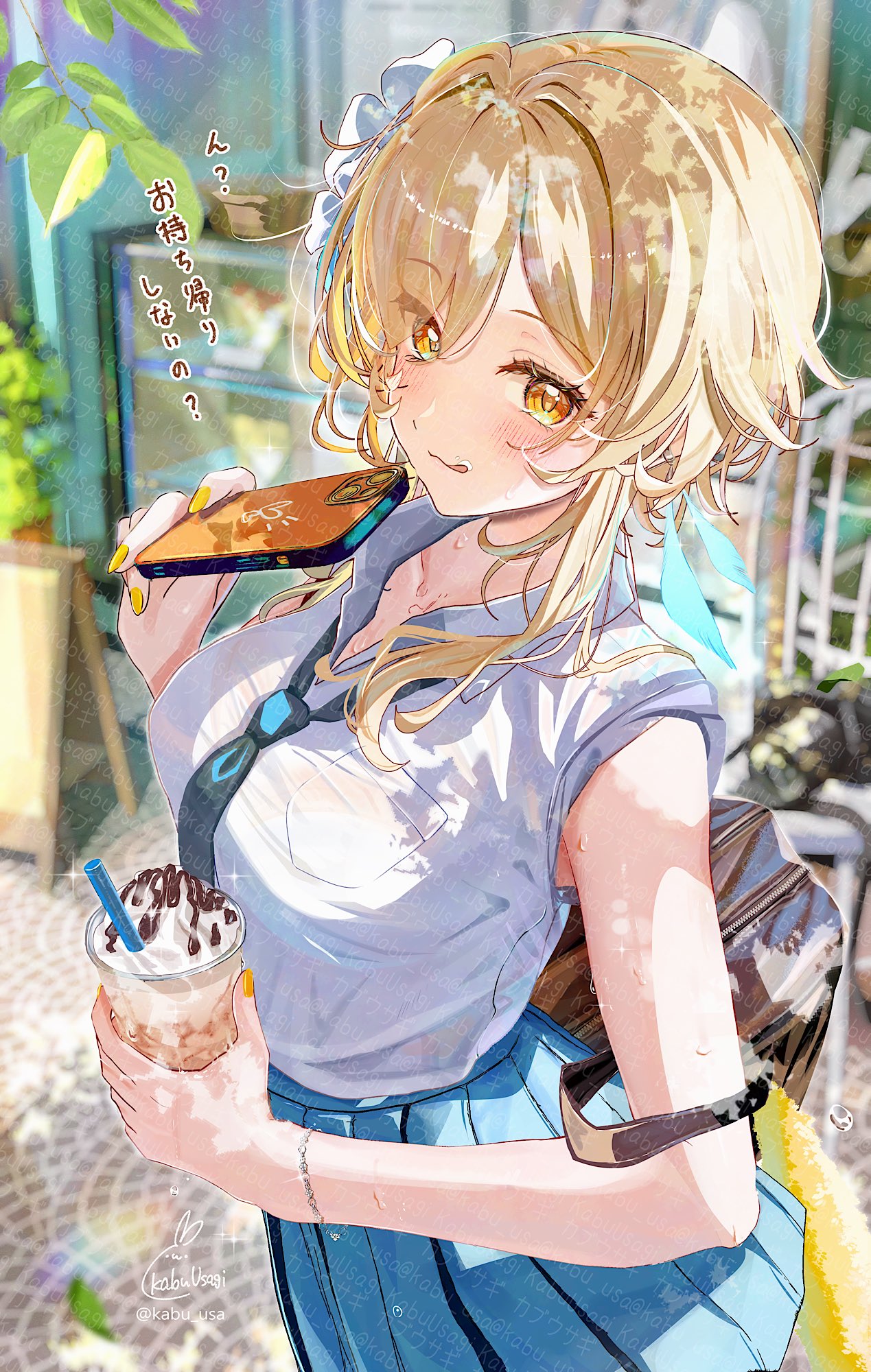 kabu usagi, lumine (genshin impact), genshin impact, commentary request, highres, translation request, 1girl, :q, alternate breast size (larger), alternate costume, blonde hair, blue necktie, blue sky, blush, breast pocket, breasts, cellphone, collared shirt, cup, day, disposable cup, fingernails, hair between eyes, hands up, holding, holding cup, holding phone, large breasts, looking at viewer, nail polish, necktie, outdoors, phone, pleated skirt, pocket, shirt, short hair with long locks, signature, skirt, sky, sleeves rolled up, solo, sweat, tongue, tongue out, twitter username, watermark, watermark grid, white shirt, yellow eyes, yellow nails