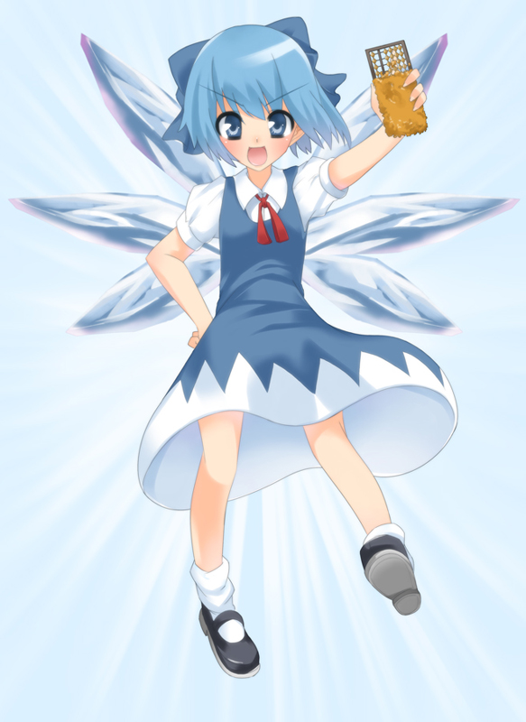 shouji ayumu, cirno, team shanghai alice, touhou, abacus, bow, dress, hair bow, mary janes, shoes, socks, wings