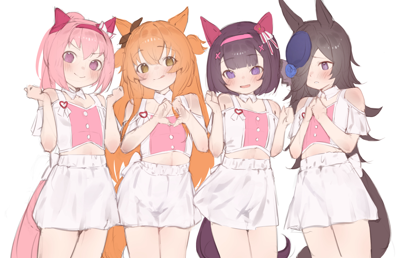 xaea xp, haru urara (umamusume), mayano top gun (umamusume), nishino flower (umamusume), rice shower (umamusume), umamusume, 4girls, animal ears, bare shoulders, black hair, black tail, blush, brown hair, brown tail, closed mouth, clothing cutout, crop top, ear covers, ear ornament, hair between eyes, hair over one eye, heart, heart hands, horse ears, horse girl, horse tail, looking at viewer, midriff, multiple girls, official alternate costume, open mouth, orange eyes, orange hair, orange tail, pink eyes, pink hair, purple eyes, short hair, shoulder cutout, simple background, sketch, skirt, smile, tail, tongue, tongue out, two side up, v-shaped eyebrows, white background, white skirt