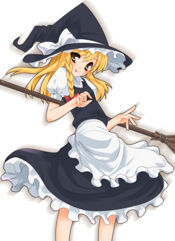 shouji ayumu, kirisame marisa, team shanghai alice, touhou, 1girl, apron, black dress, blonde hair, bow, braid, broom, contrapposto, cowboy shot, dress, female focus, frills, grey background, hair bow, hat, holding, looking at viewer, looking back, puffy short sleeves, puffy sleeves, red bow, short sleeves, simple background, single braid, solo, standing, waist apron, witch hat