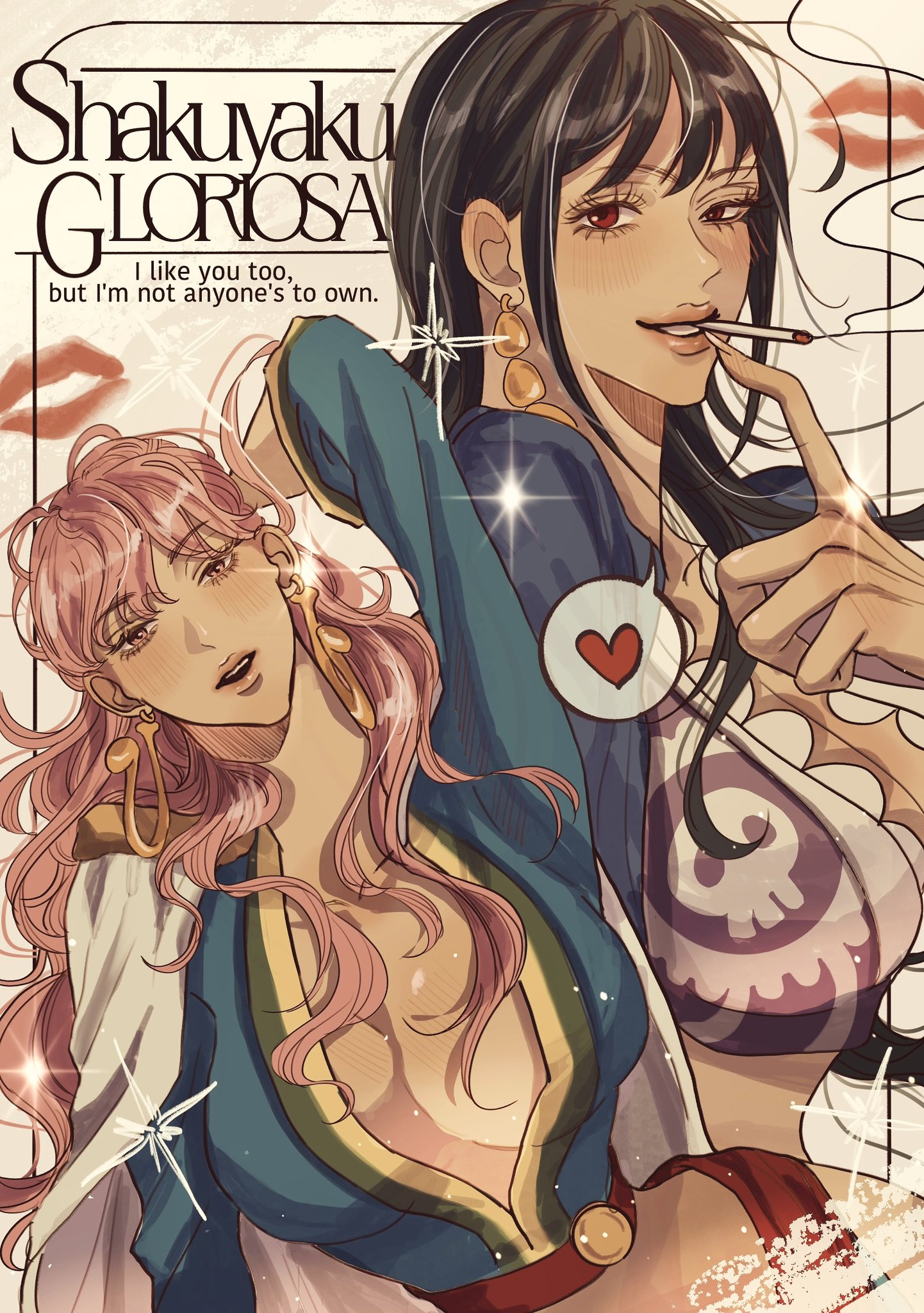 rihirihi613, gloriosa (one piece), shakuyaku (one piece), one piece, commentary, highres, 2girls, black hair, blue shirt, blush, breasts, character name, cigarette, cleavage, earrings, jewelry, long hair, long sleeves, looking at viewer, multiple girls, pink eyes, pink hair, plunging neckline, red eyes, shirt, smoke, snake earrings