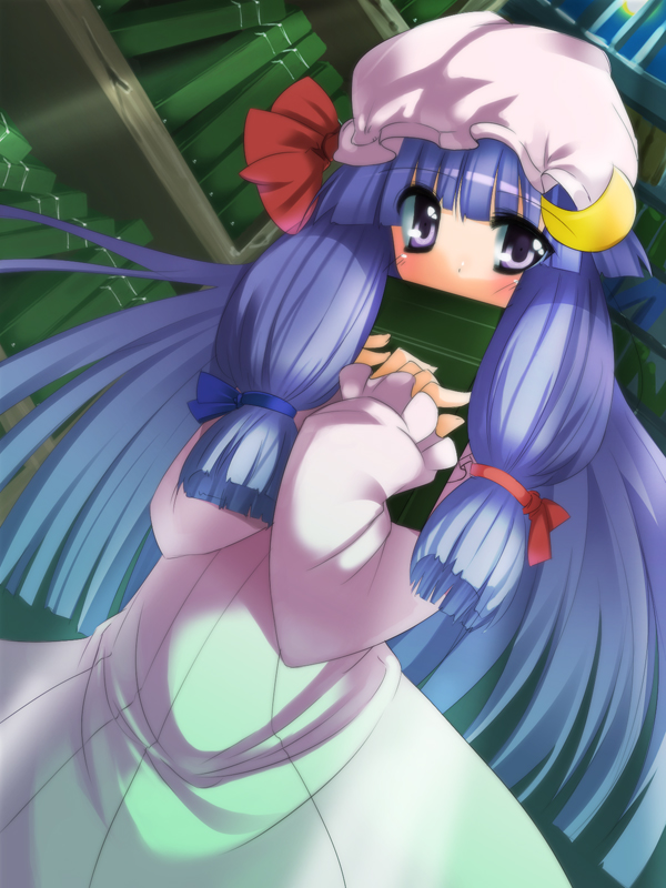 shouji ayumu, patchouli knowledge, team shanghai alice, touhou, 1girl, book, covering own mouth, crescent, female focus, long hair, purple eyes, purple hair, solo
