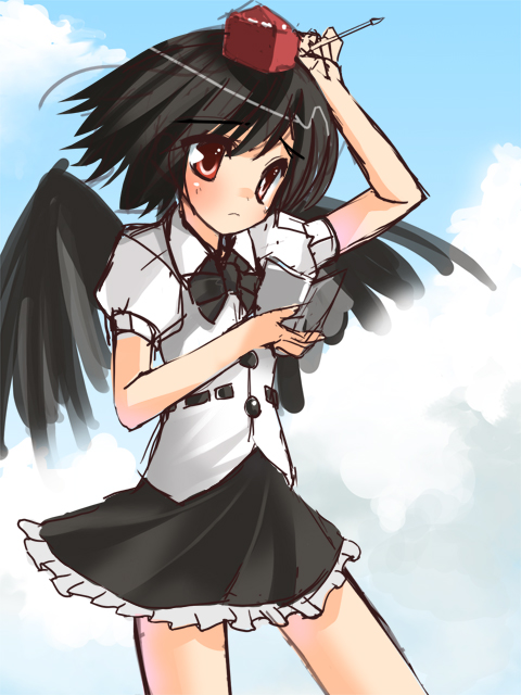 shouji ayumu, shameimaru aya, team shanghai alice, touhou, looking away, 1girl, arm up, black bow, black bowtie, black hair, black wings, blush, bow, bowtie, brown eyes, cowboy shot, expressionless, female focus, hand to head, hat, holding, looking at viewer, puffy short sleeves, puffy sleeves, short hair, short sleeves, solo, standing, tokin hat, wings