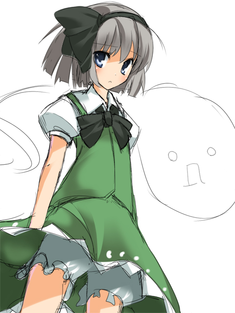 shouji ayumu, konpaku youmu, konpaku youmu (ghost), team shanghai alice, touhou, 1girl, bloomers, blue eyes, female focus, hair ribbon, hitodama, ribbon, solo, underwear, white bloomers