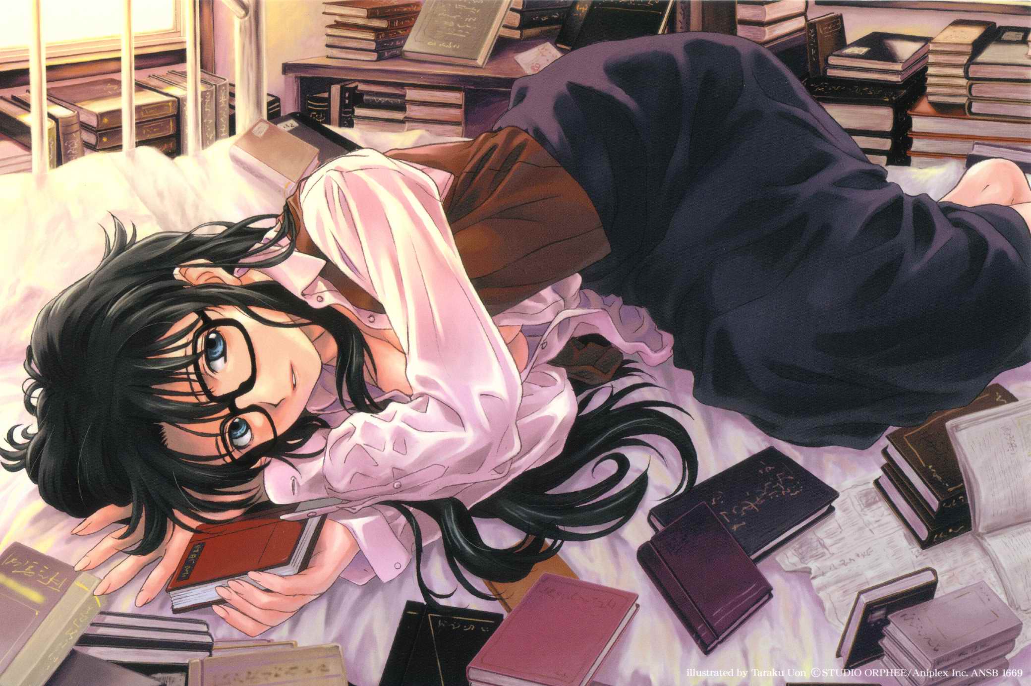 uon taraku, yomiko readman, read or die, highres, 00s, 1girl, barefoot, bed, black hair, blue eyes, book, breasts, cleavage, female focus, glasses, long hair, long skirt, lying, messy hair, no bra, on side, open clothes, open shirt, shirt, skirt, solo, underboob