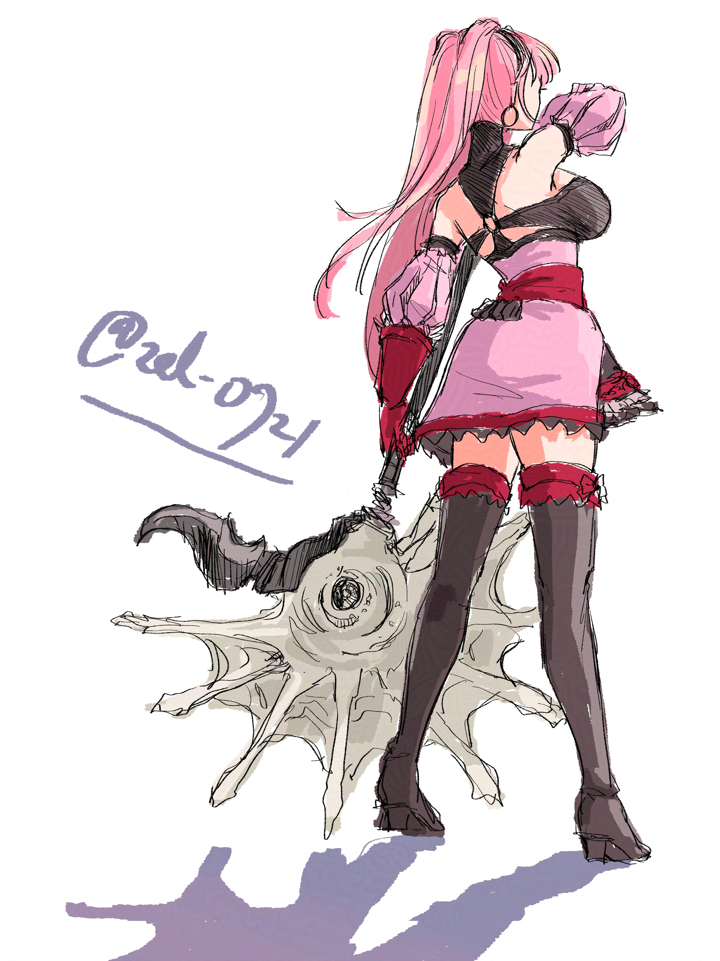 zel 0921, hilda valentine goneril, hilda valentine goneril (timeskip), fire emblem, fire emblem: three houses, nintendo, absurdres, highres, 1girl, axe, black boots, boots, breasts, dress, earrings, freikugel (fire emblem), from behind, gloves, holding, holding axe, hoop earrings, jewelry, large breasts, long hair, o-ring, pink dress, pink hair, ponytail, red gloves, simple background, solo, thigh boots, white background