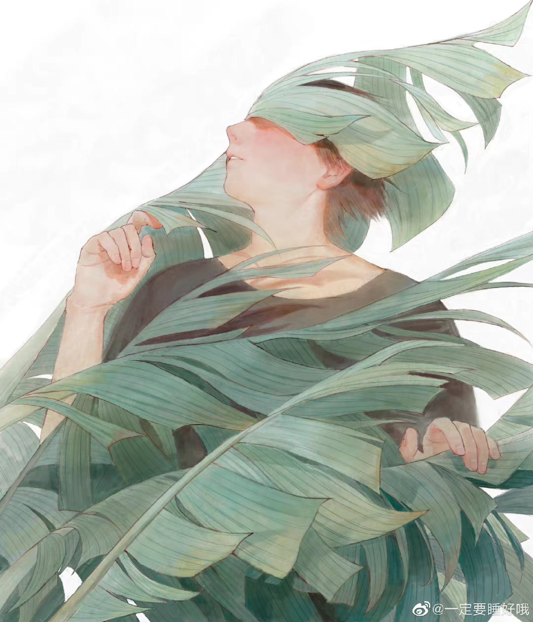 sleell11, original, highres, plant request, 1other, abstract background, ambiguous gender, brown hair, brown shirt, covering face, fingernails, holding, holding leaf, leaf, lips, looking up, plant, shirt, short hair, watermark, weibo username, weibo watermark, white background