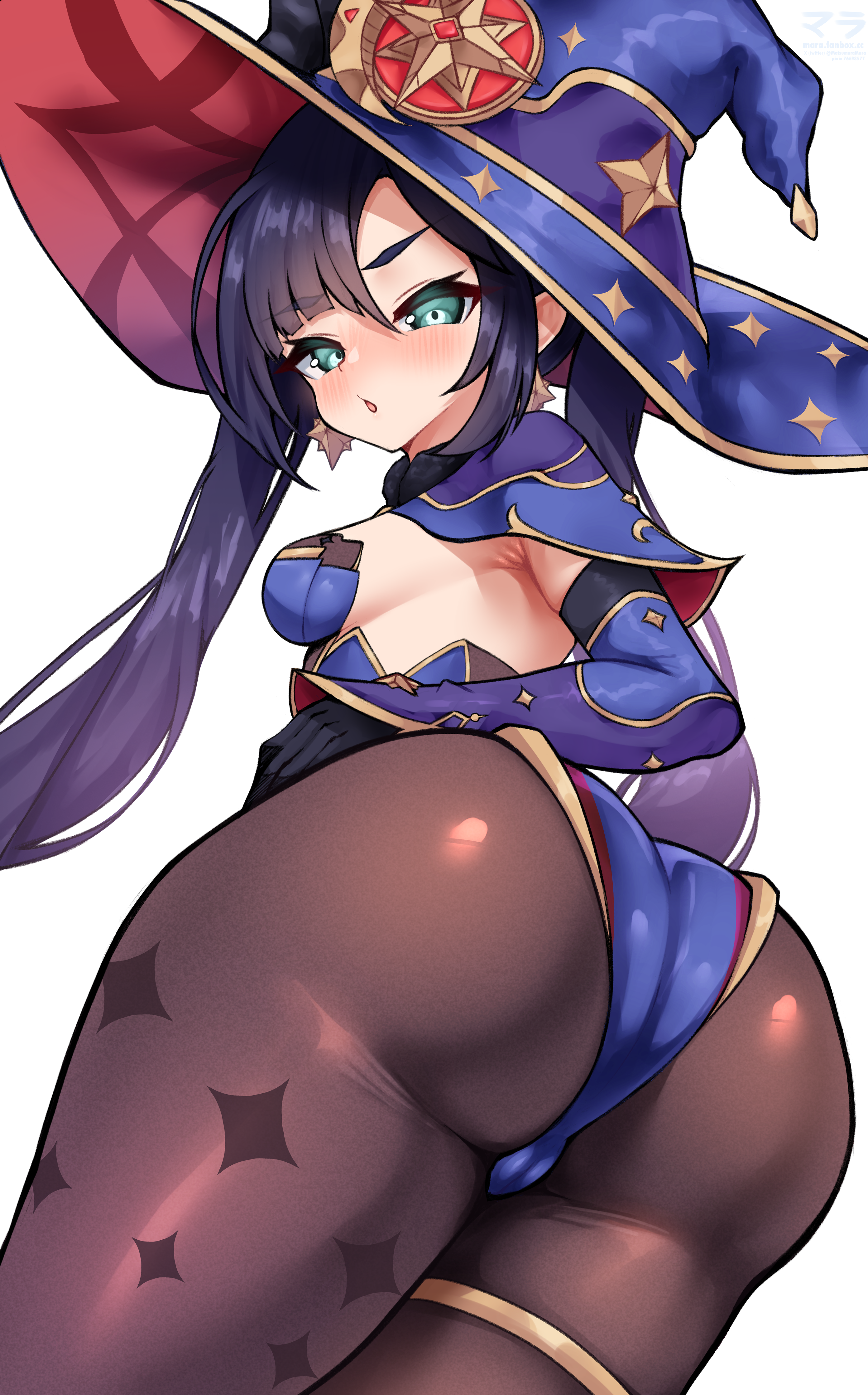 matsumaramara, mona (genshin impact), genshin impact, absurdres, highres, 1girl, armpit crease, ass, ass focus, black hair, blue leotard, blush, breasts, brown pantyhose, earrings, green eyes, hat, jewelry, leotard, looking back, open mouth, pantyhose, purple hair, simple background, small breasts, solo, star (symbol), star earrings, thighlet, twintails, twisted torso, white background, witch hat