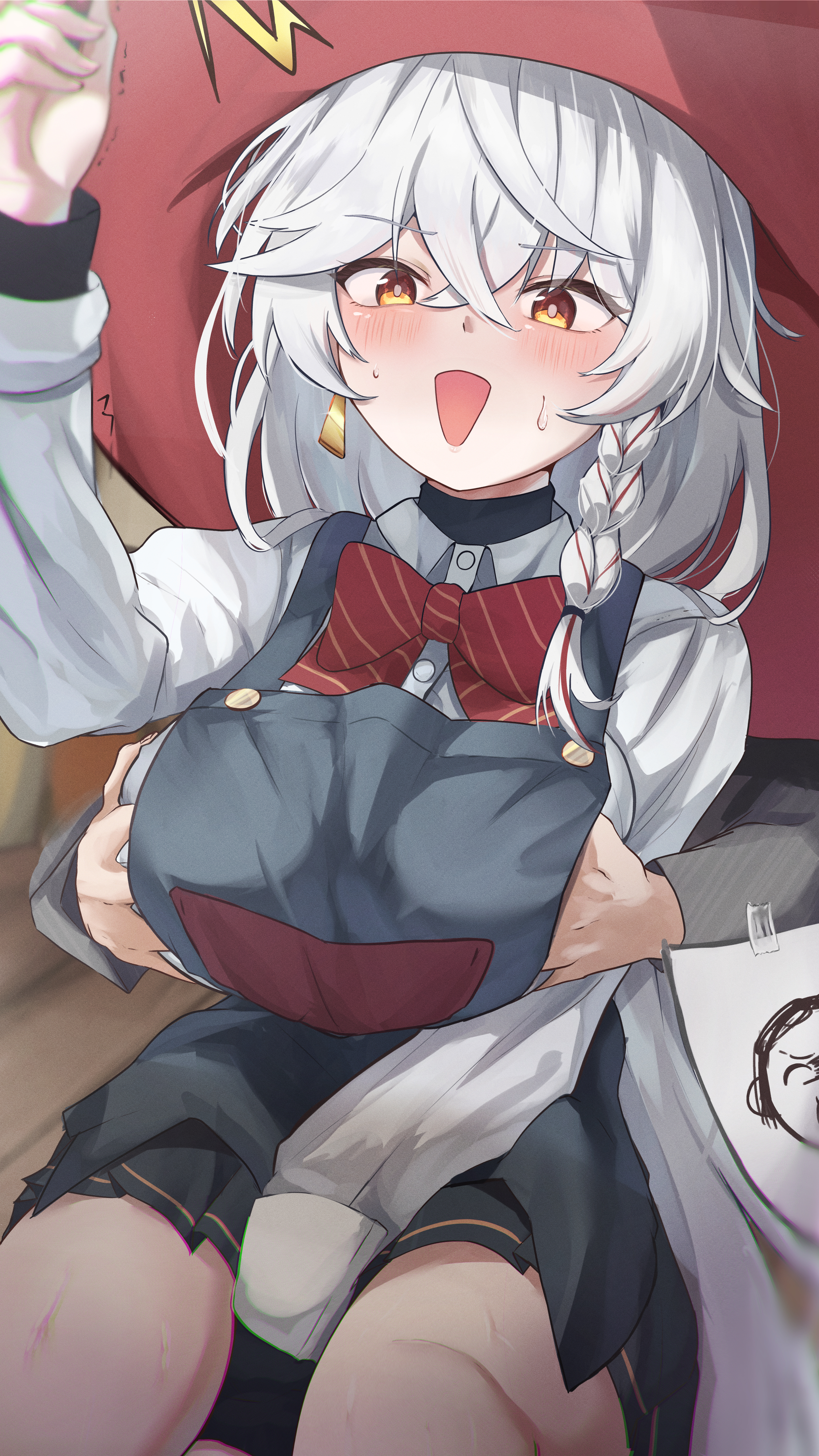 wimawi, doodle sensei (blue archive), eri (blue archive), sensei (blue archive), blue archive, absurdres, commentary request, highres, large variant set, variant set, 1boy, 1girl, apron, between legs, black apron, black skirt, blush, bow, bowtie, braid, breasts, brown eyes, diagonal-striped bow, diagonal-striped bowtie, diagonal-striped clothes, grabbing from behind, grabbing own breast, grey hair, hand between legs, hat, hetero, large breasts, long hair, long sleeves, low ponytail, miniskirt, open mouth, pleated skirt, ponytail, puffy long sleeves, puffy sleeves, red bow, red bowtie, red hat, shirt, side braid, single braid, sitting, skirt, solo focus, striped bow, striped bowtie, striped clothes, very long hair, white shirt, witch hat