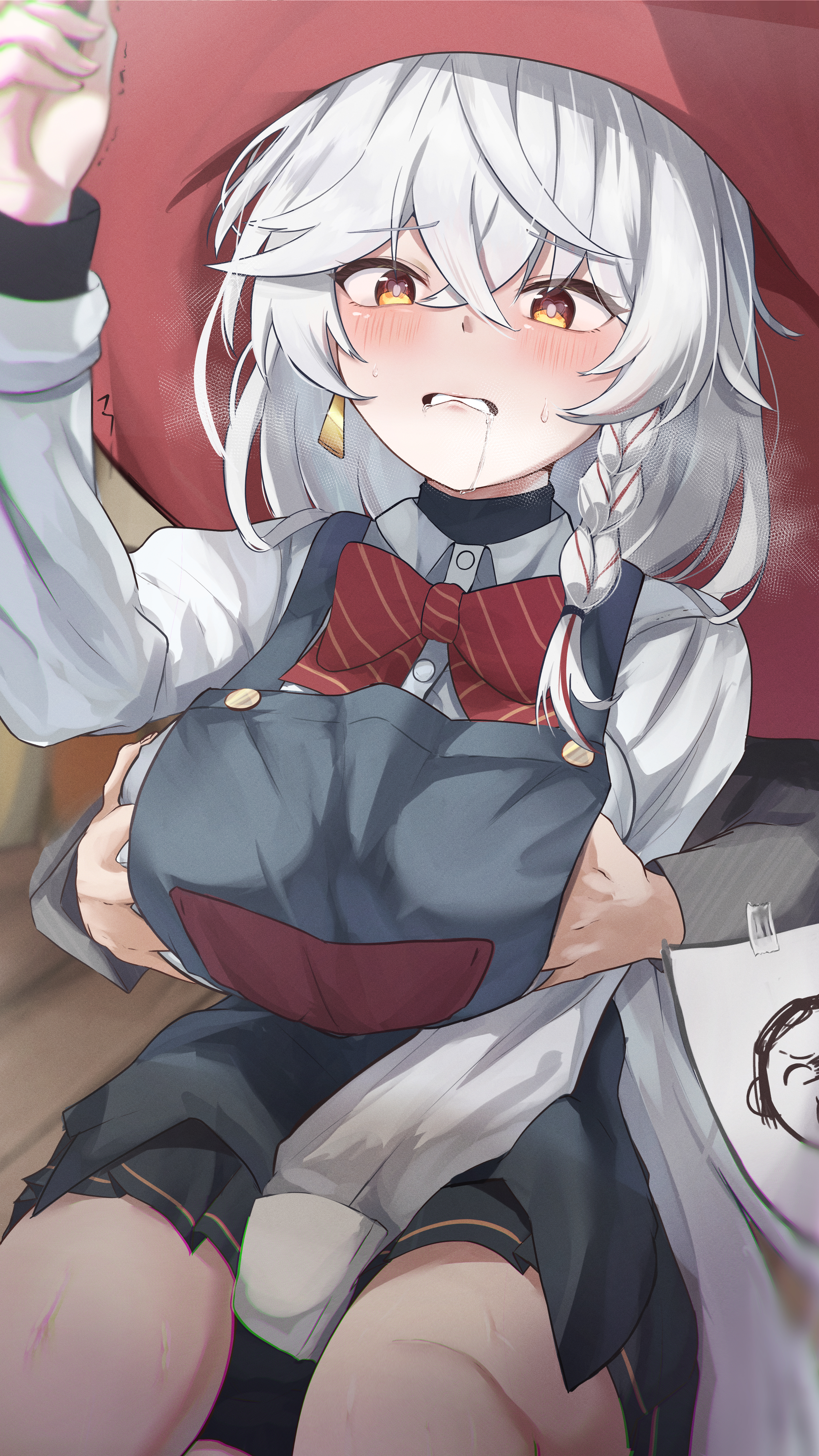 wimawi, doodle sensei (blue archive), eri (blue archive), sensei (blue archive), blue archive, absurdres, commentary request, highres, large variant set, variant set, 1boy, 1girl, apron, between legs, black apron, black skirt, blush, bow, bowtie, braid, breasts, brown eyes, diagonal-striped bow, diagonal-striped bowtie, diagonal-striped clothes, grabbing from behind, grabbing own breast, grey hair, hand between legs, hat, hetero, large breasts, long hair, long sleeves, low ponytail, miniskirt, parted lips, pleated skirt, ponytail, puffy long sleeves, puffy sleeves, red bow, red bowtie, red hat, shirt, side braid, single braid, sitting, skirt, solo focus, striped bow, striped bowtie, striped clothes, very long hair, white shirt, witch hat